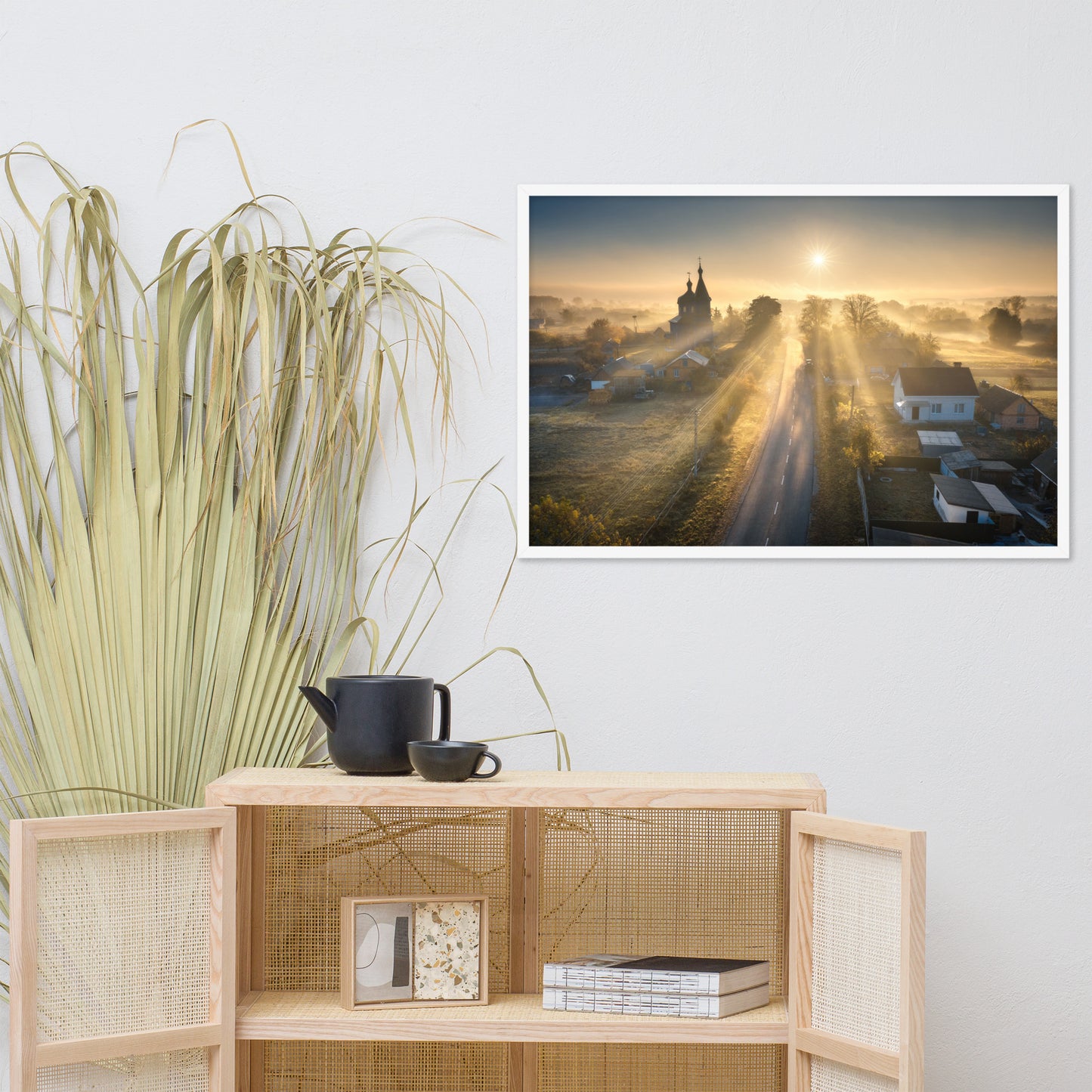 Misty Rural Town Sunrise in Autumn with Glory Rays Framed Wall Art Prints