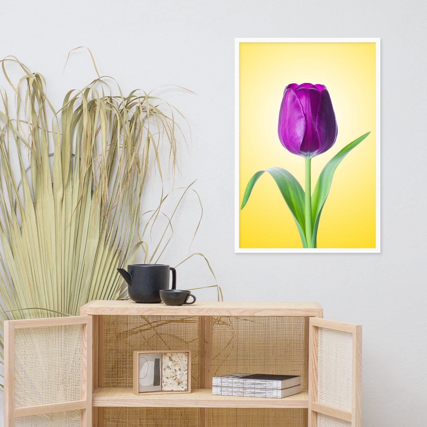 Purple Tulip on Yellow Minimal Floral Nature Photo Framed Wall Art Print