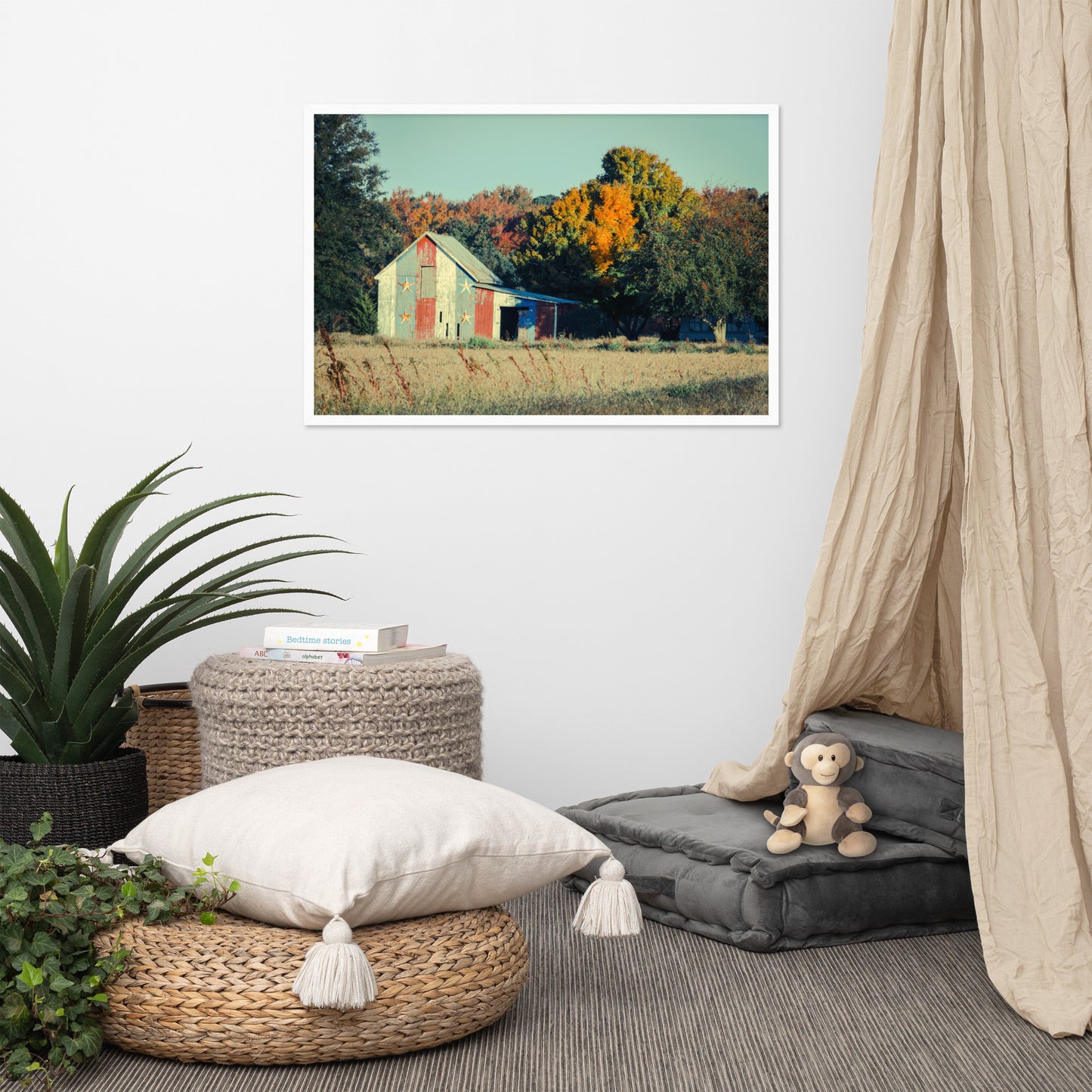 Patriotic Weathered Barn in Field - Cross Processed Framed Photo Paper Wall Art Prints