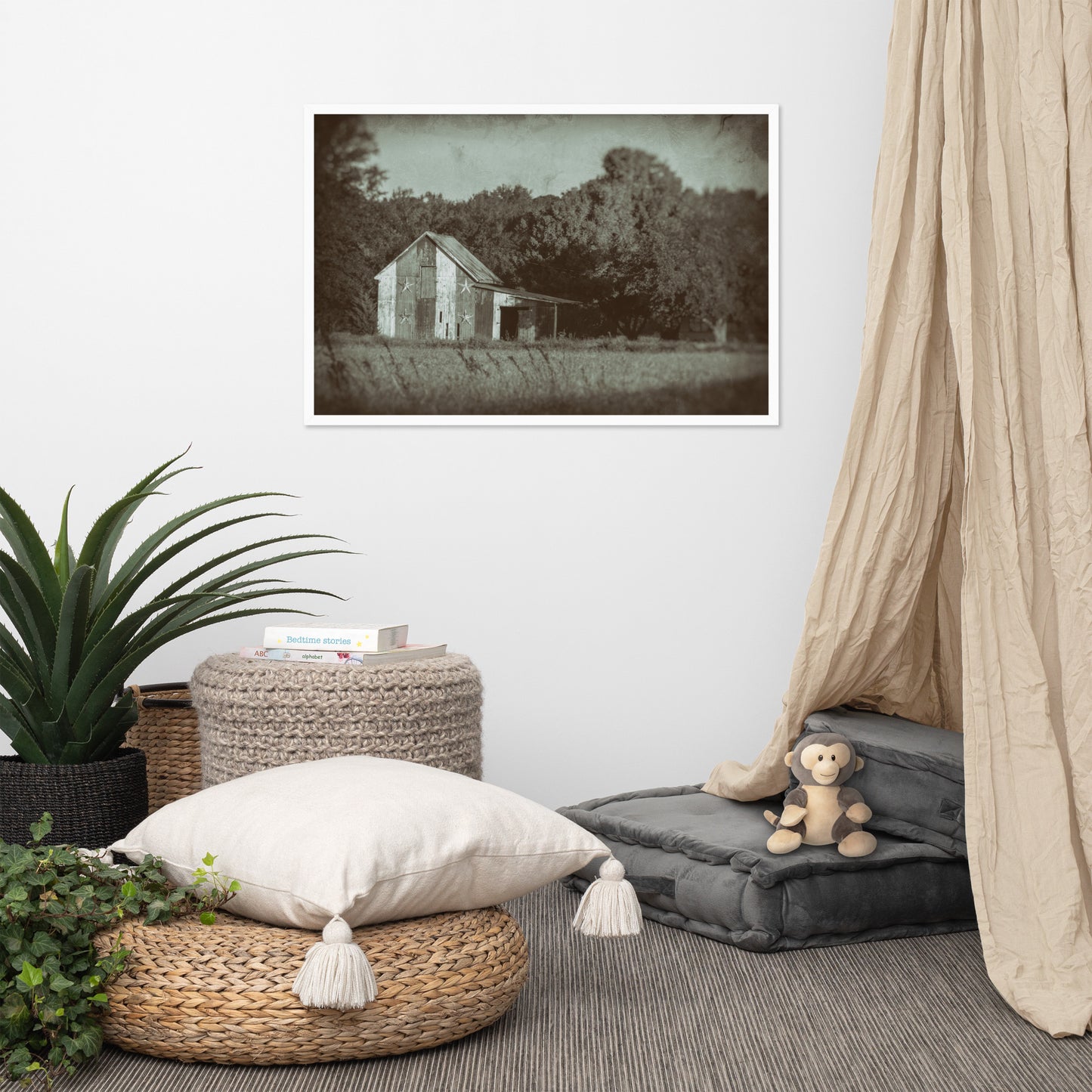 Patriotic Barn in Field Vintage Black and White Glass Plate Framed Photo Paper Wall Art Prints