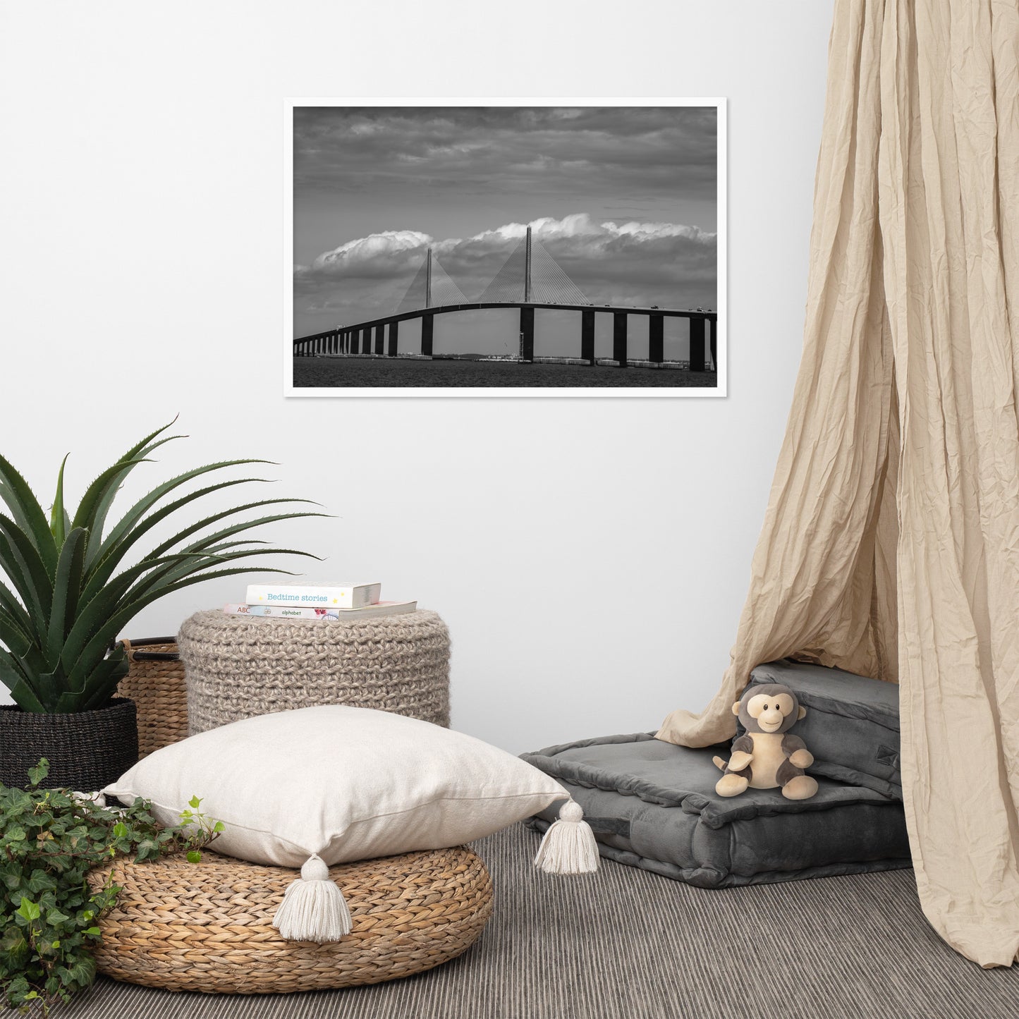 Skyway Bridge Black and White Coastal Landscape Framed Photo Paper Wall Art Prints
