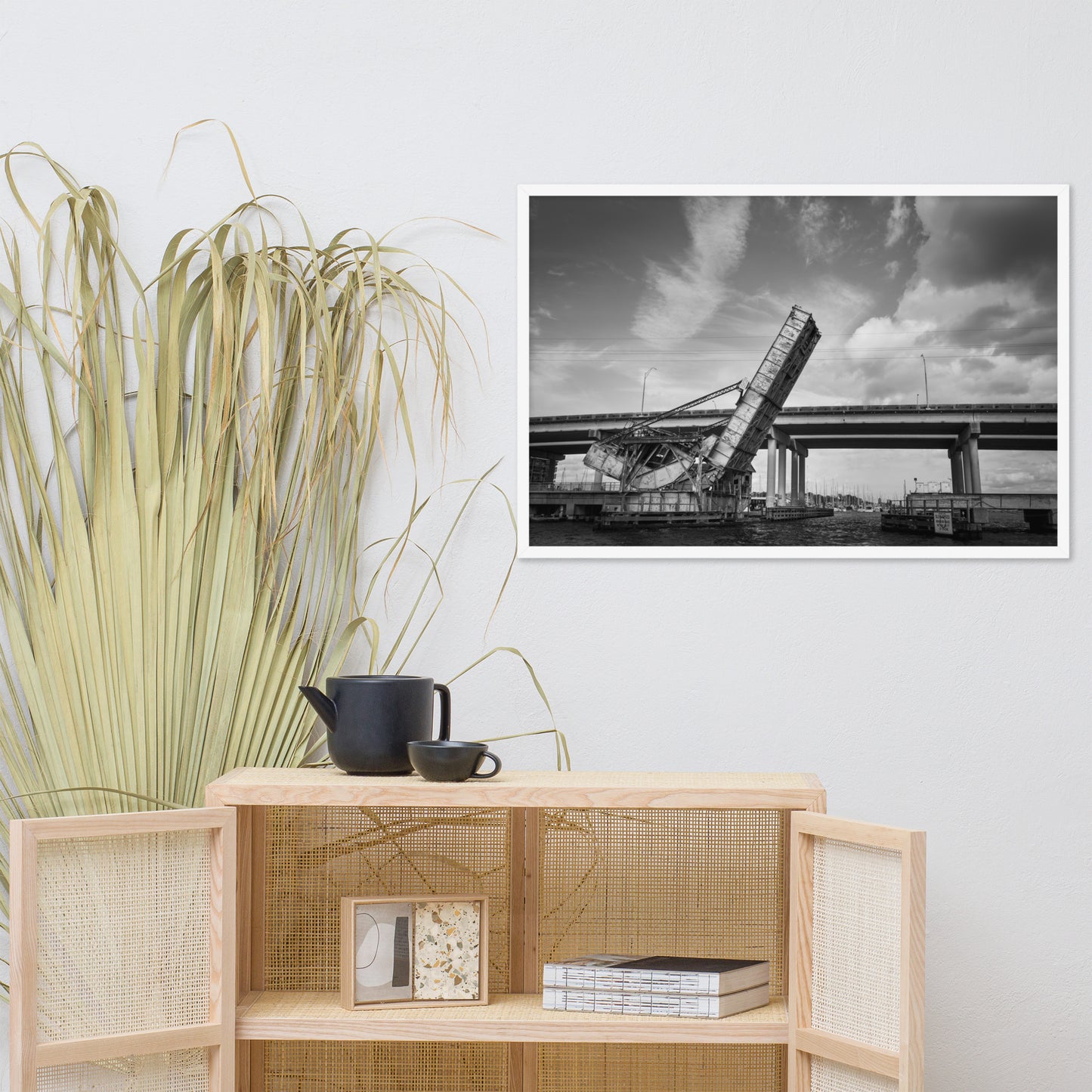 Train Drawbridge Jacksonville Black and White Cityscape Photo Framed Wall Art Print