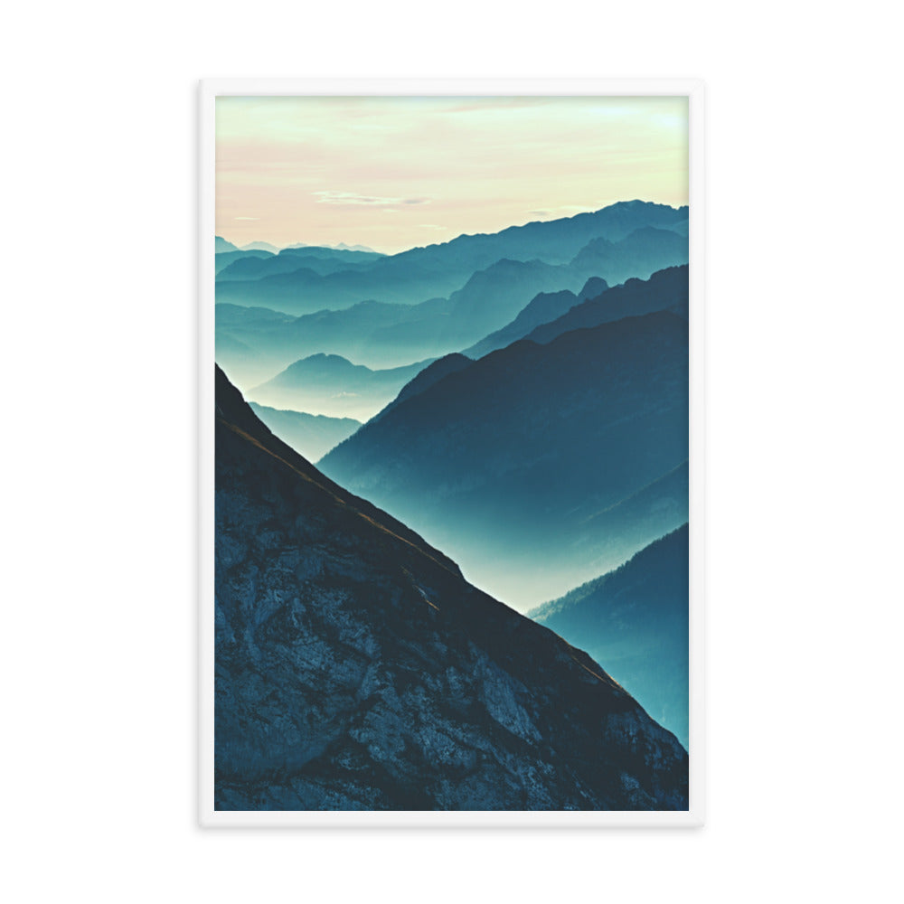 Misty Blue Silhouette Mountain Range Framed Photo Paper Wall Art Prints