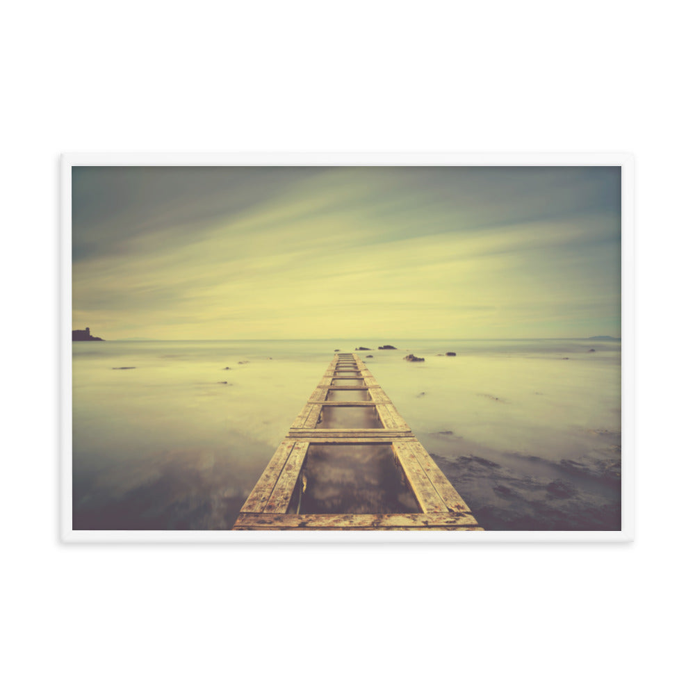 Moody Ocean and Sky Wooden Pier With Intrigued Trance Effects Framed Wall Art Prints