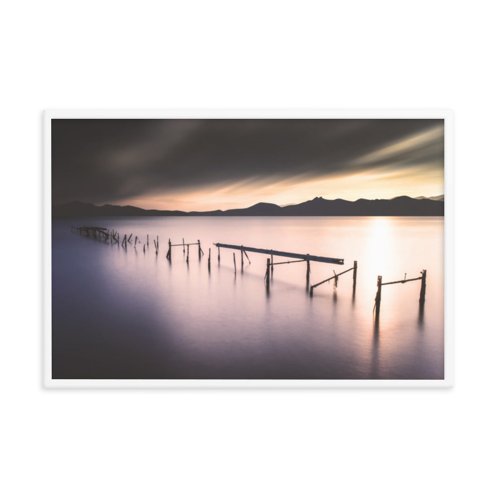 Moody Ruined Pier and Mountain Range Framed Wall Art Prints