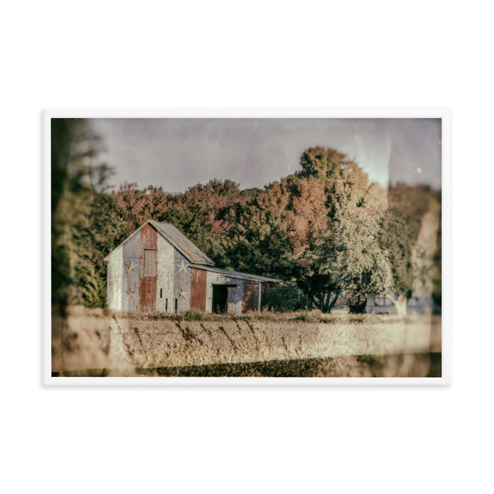 Patriotic Weathered Barn in Field - Glass Plate Framed Photo Paper Wall Art Prints