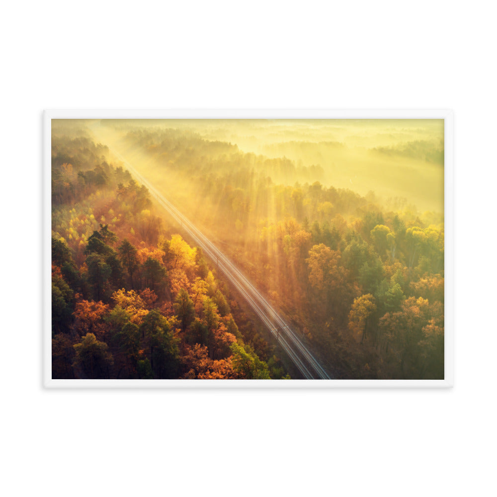 Sunrise Railroad Though Misty Forest With Golden Haze Effect Framed Wall Art Print