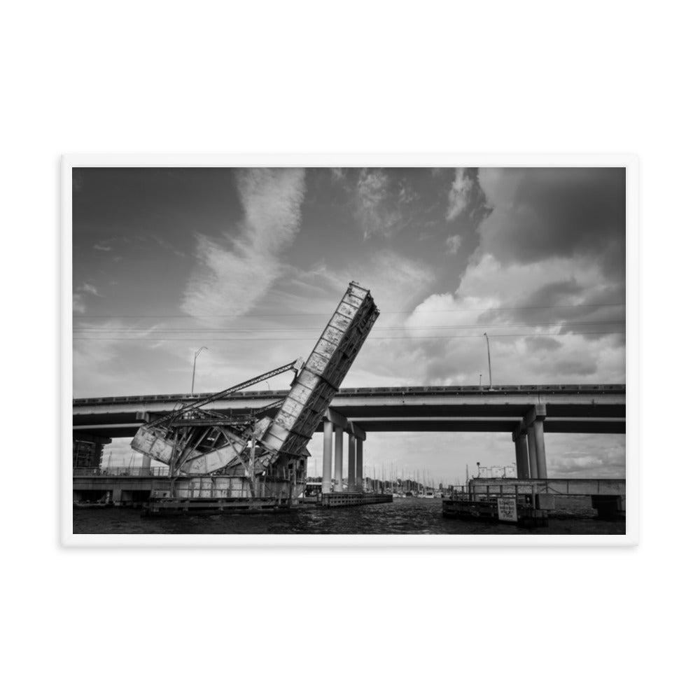 Train Drawbridge Jacksonville Black and White Cityscape Photo Framed Wall Art Print
