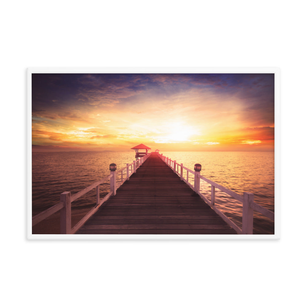 Surreal Wooden Pier at Sunset Framed Wall Art Print