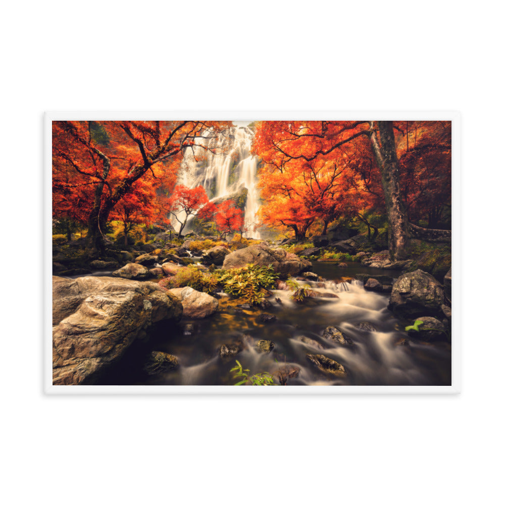 Waterfall in the Autumn with Golden Shadow Effect Framed Wall Art Prints