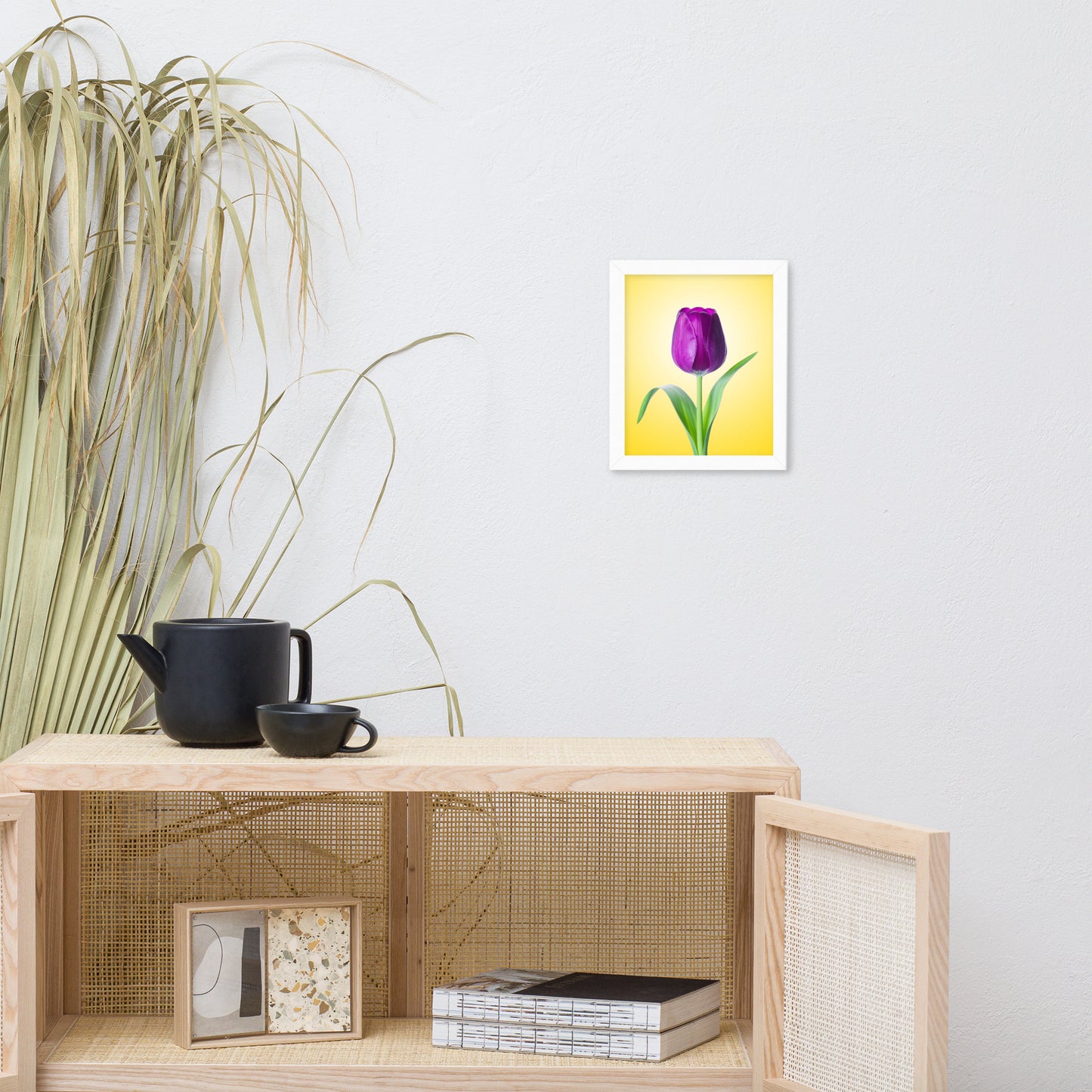 Purple Tulip on Yellow Minimal Floral Nature Photo Framed Wall Art Print