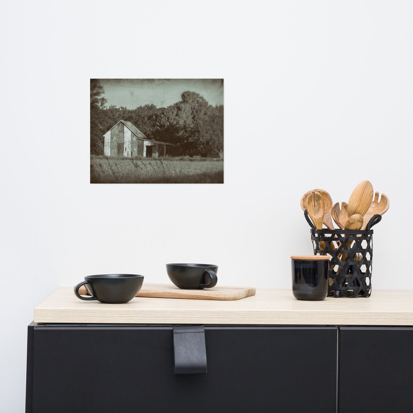 Patriotic Barn in Field Vintage Black and White Rustic Farmhouse Style Landscape Photo Loose Wall Art Prints