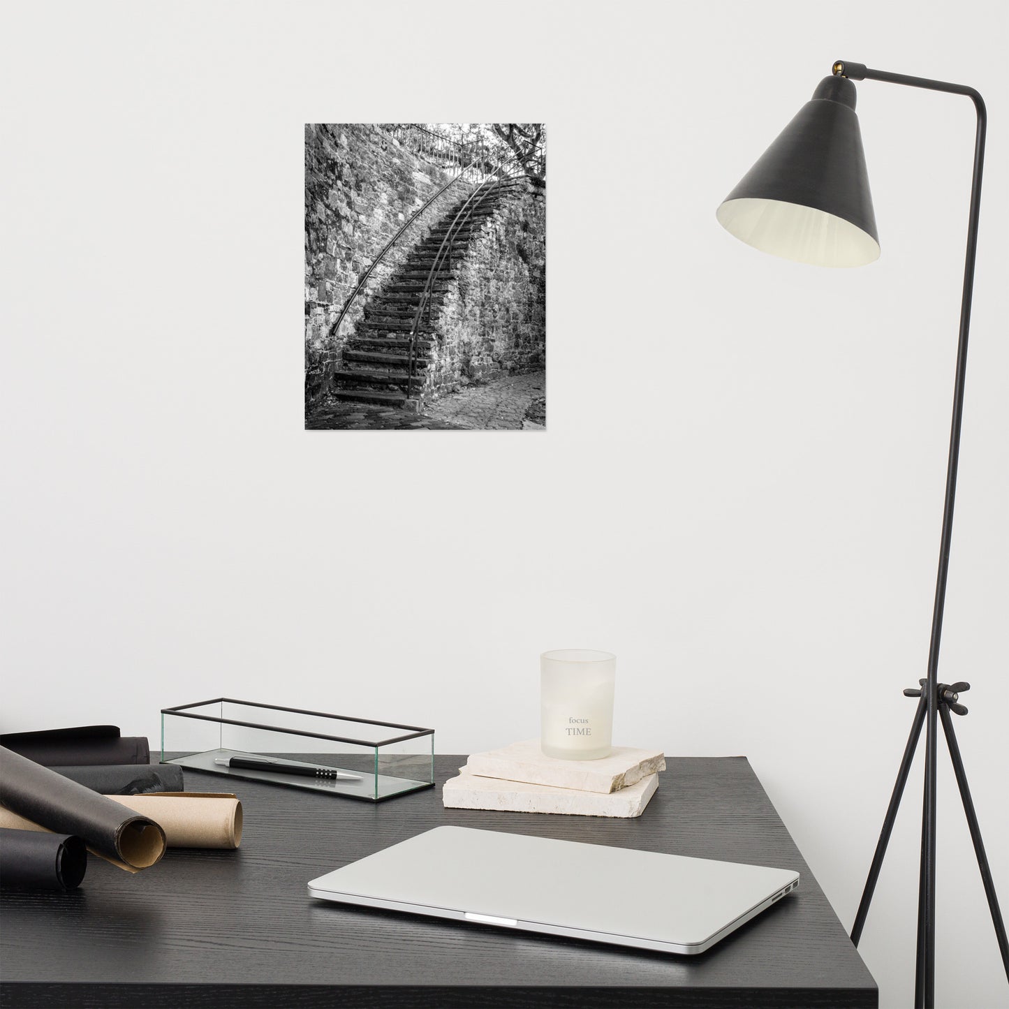 Black and White Old Stone Stairs River Street Savannah Ga Loose Wall Art Print