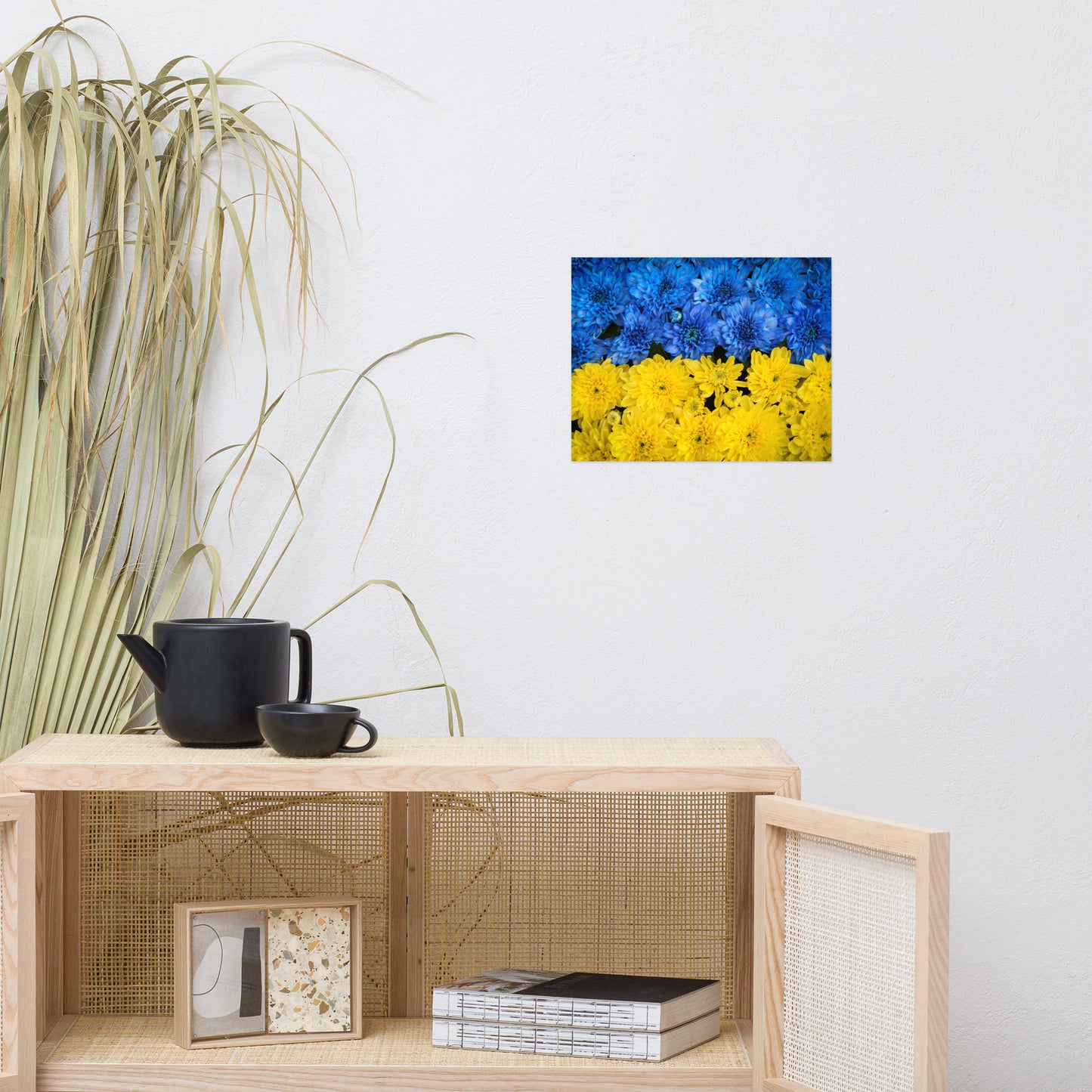 Blue and Yellow Chrysanthemums Nature Photo For Ukraine Refugees Loose Wall Art Print