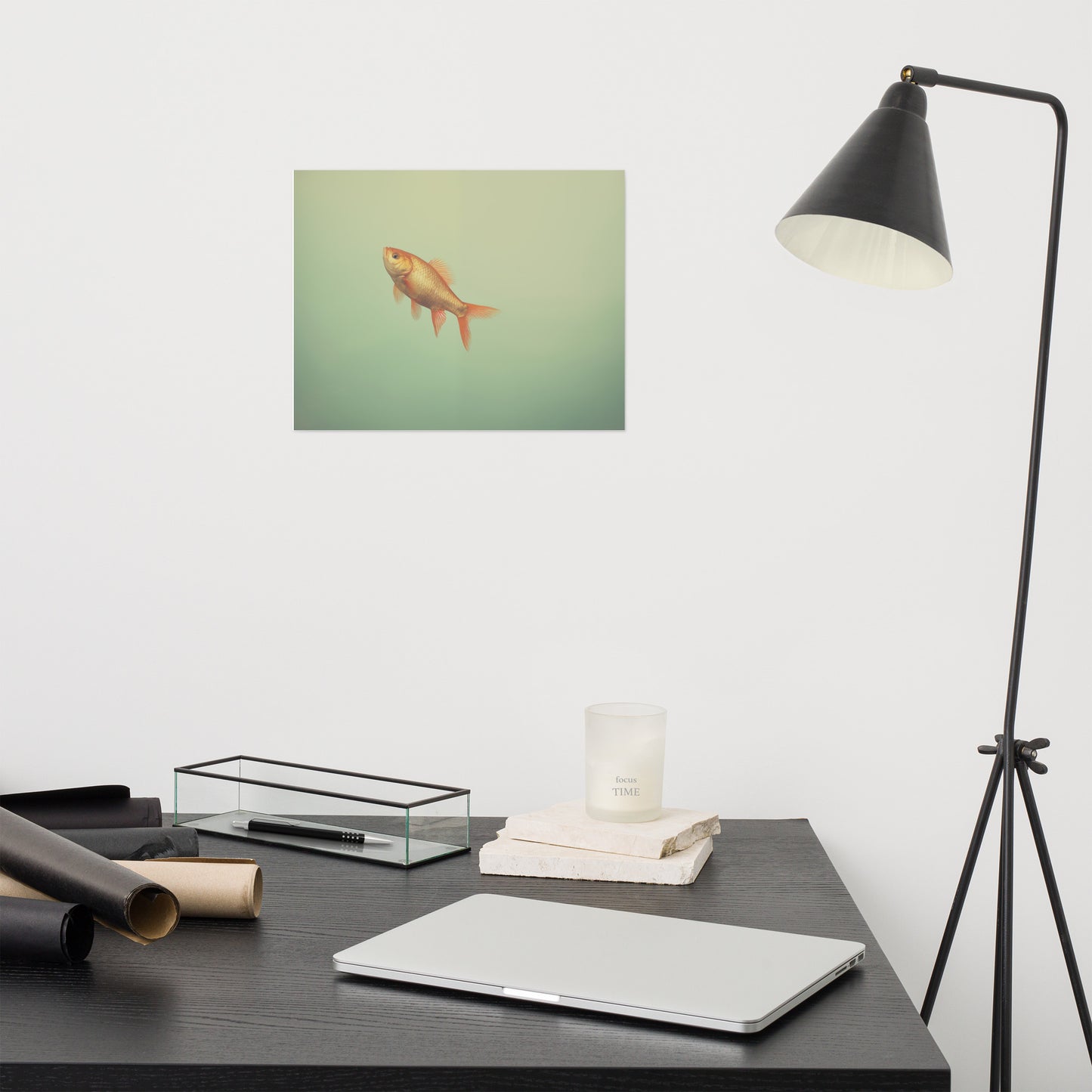 Suspended Serenity Goldfish Minimal Photorealism - Digital Artwork Loose Art Print