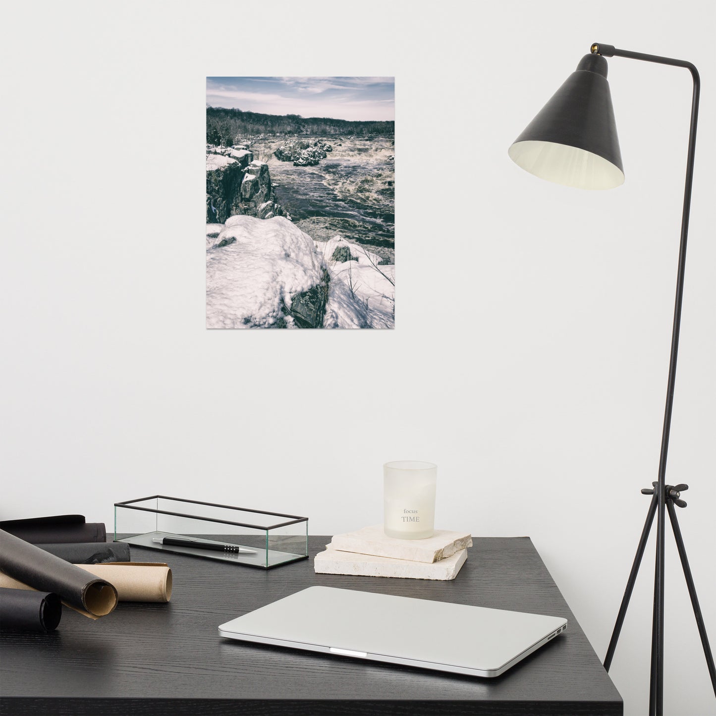 Great Falls Vintage Black and White Rustic Farmhouse Style Landscape Photo Loose Wall Art Print