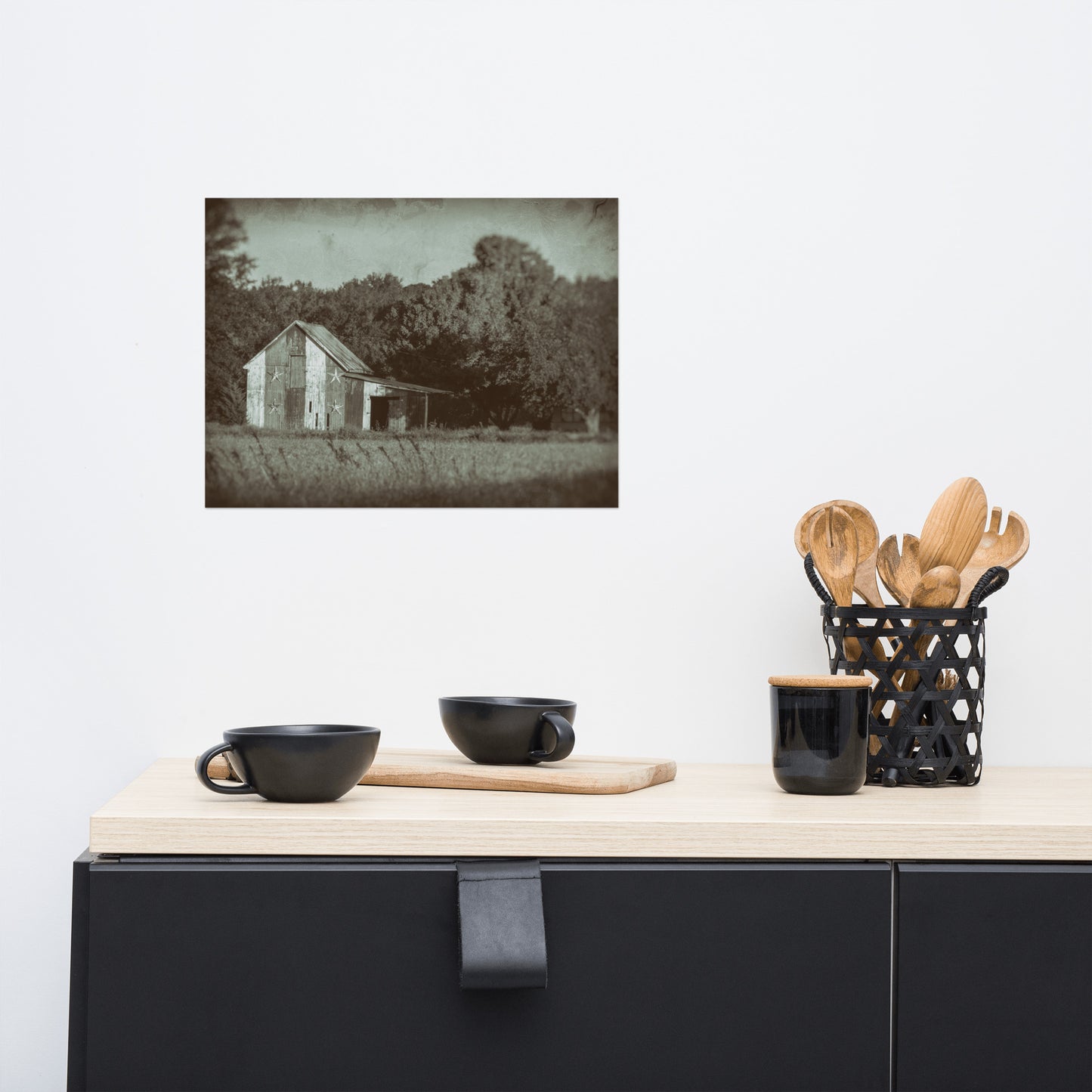 Patriotic Barn in Field Vintage Black and White Rustic Farmhouse Style Landscape Photo Loose Wall Art Prints