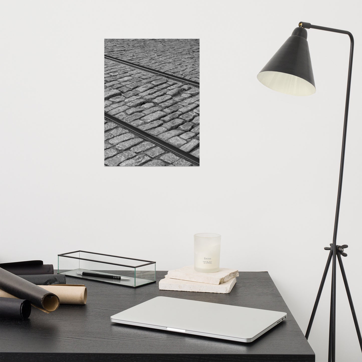 Black and White Train Tracks Cobblestone River Street Savannah Ga Loose Wall Art Print