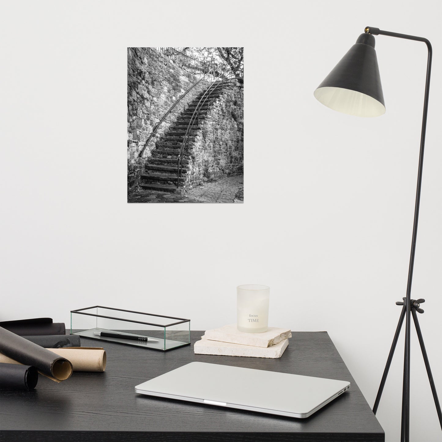 Black and White Old Stone Stairs River Street Savannah Ga Loose Wall Art Print