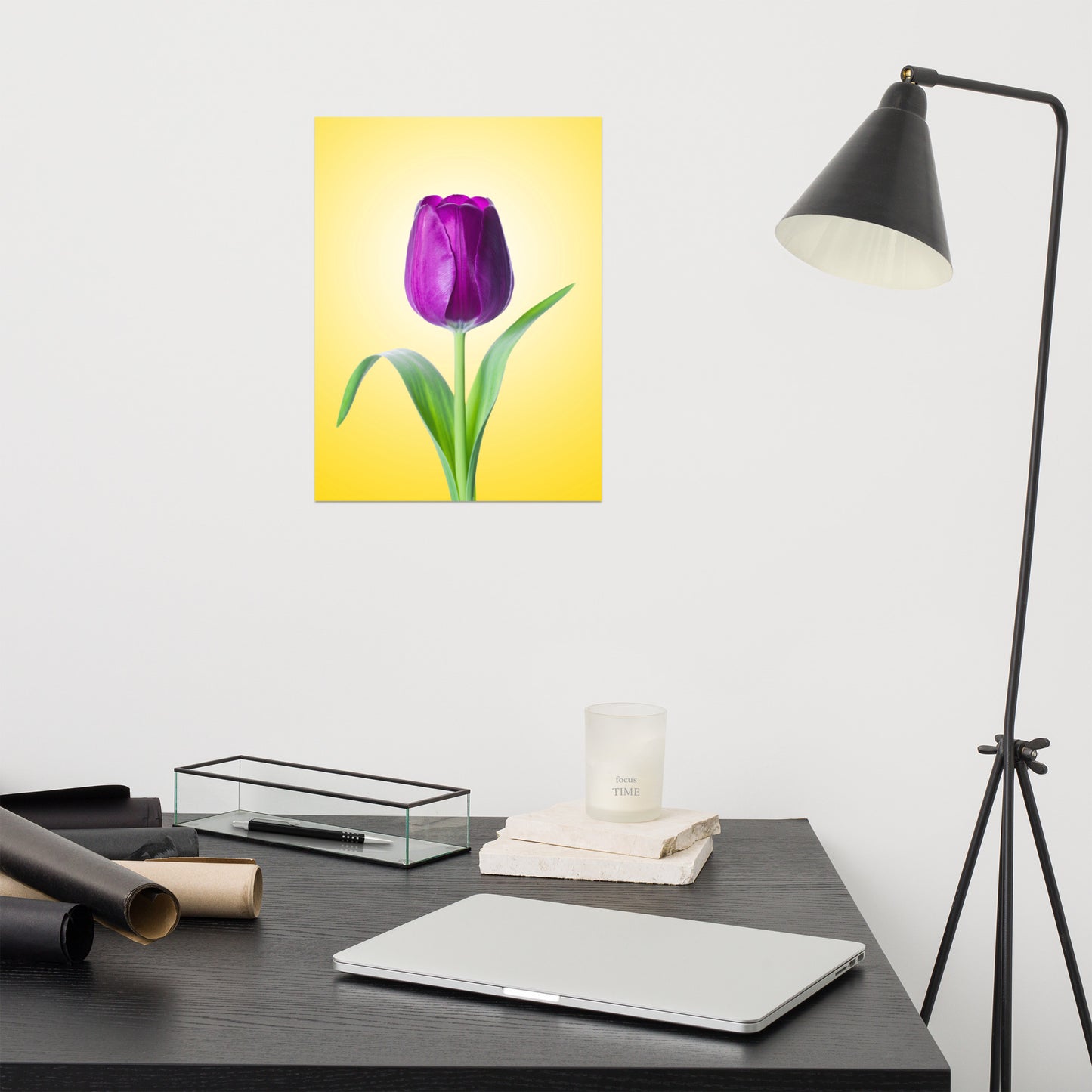 Purple Tulip on Yellow Minimal Floral Nature Photo Loose Wall Art Print