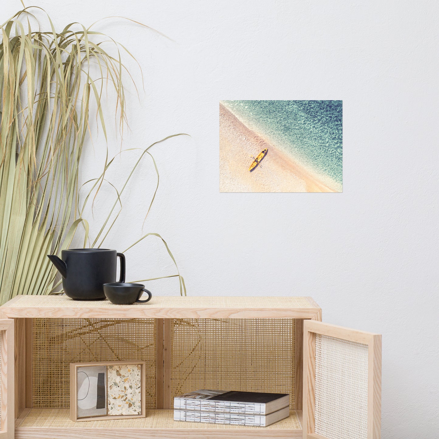 Yellow Canoe and Blue Sea with Soft Violet Effect Landscape Photo Loose Wall Art Prints