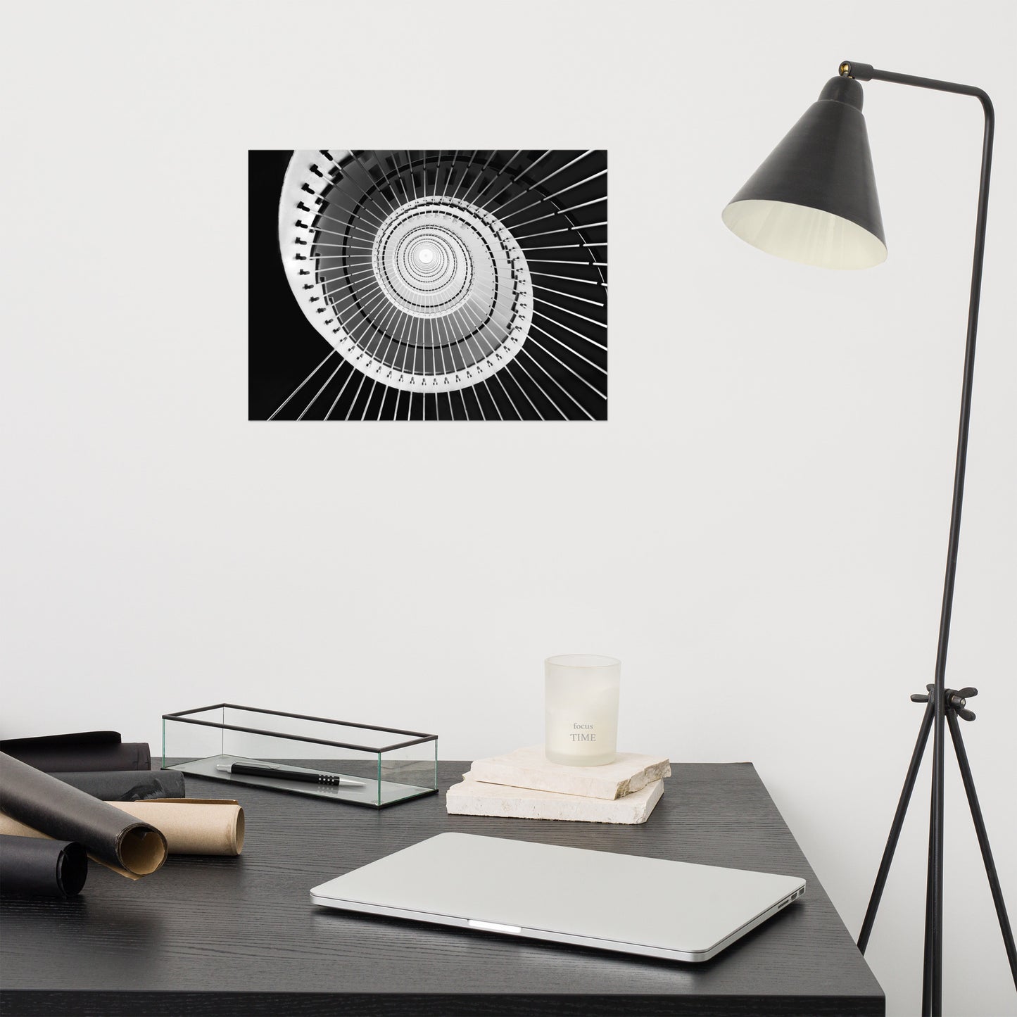 Black and White Architectural Photos: Never Ending Ascent - Equiangular Spiral Staircase Frameable Art Print
