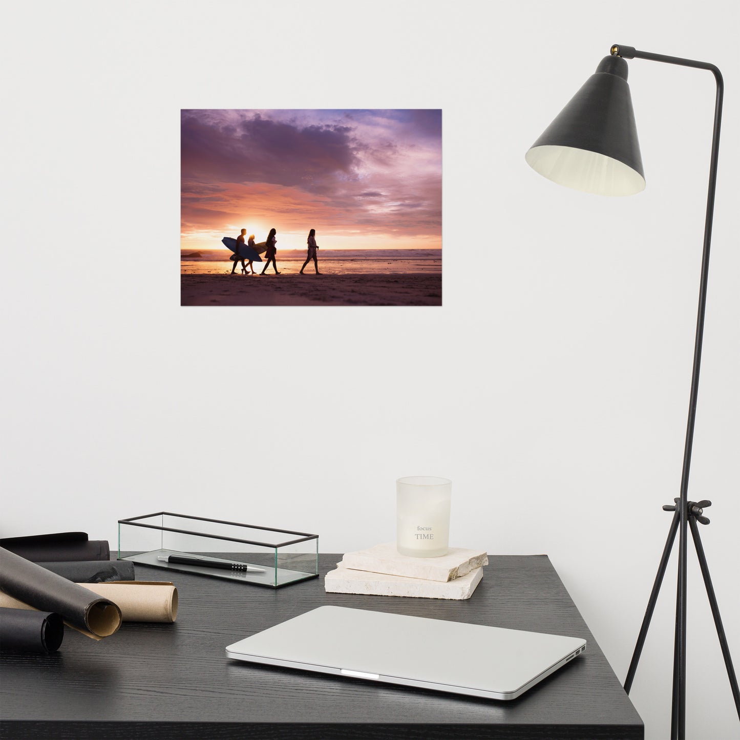 Surfers and Sunset on the Shore Coastal Landscape Lifestyle Photograph Loose Wall Art Print