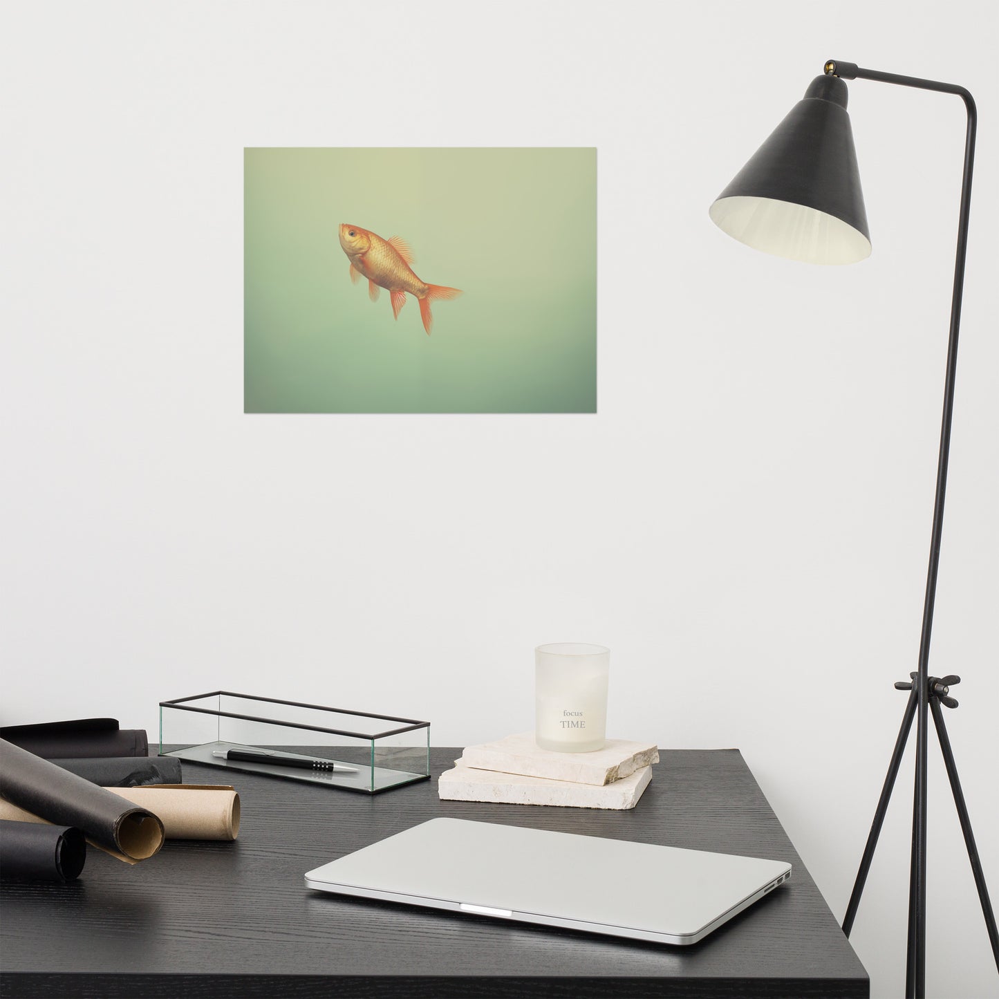 Suspended Serenity Goldfish Minimal Photorealism - Digital Artwork Loose Art Print