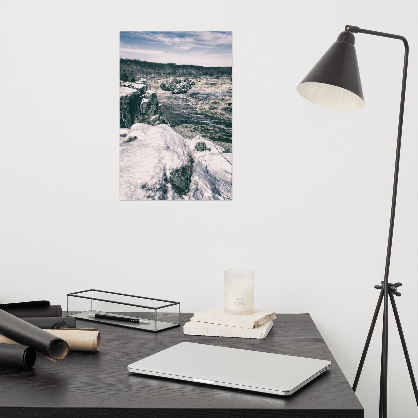 Great Falls Vintage Black and White Rustic Farmhouse Style Landscape Photo Loose Wall Art Print