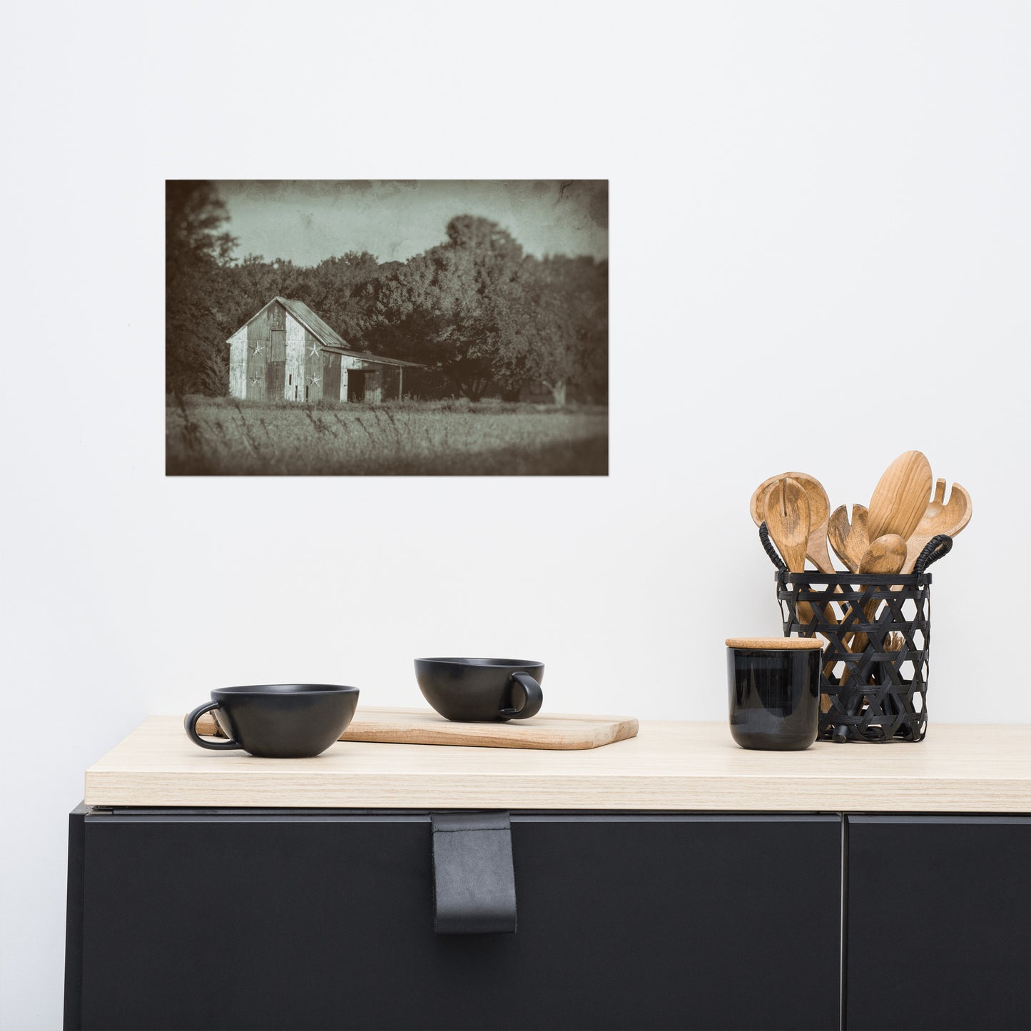 Patriotic Barn in Field Vintage Black and White Rustic Farmhouse Style Landscape Photo Loose Wall Art Prints