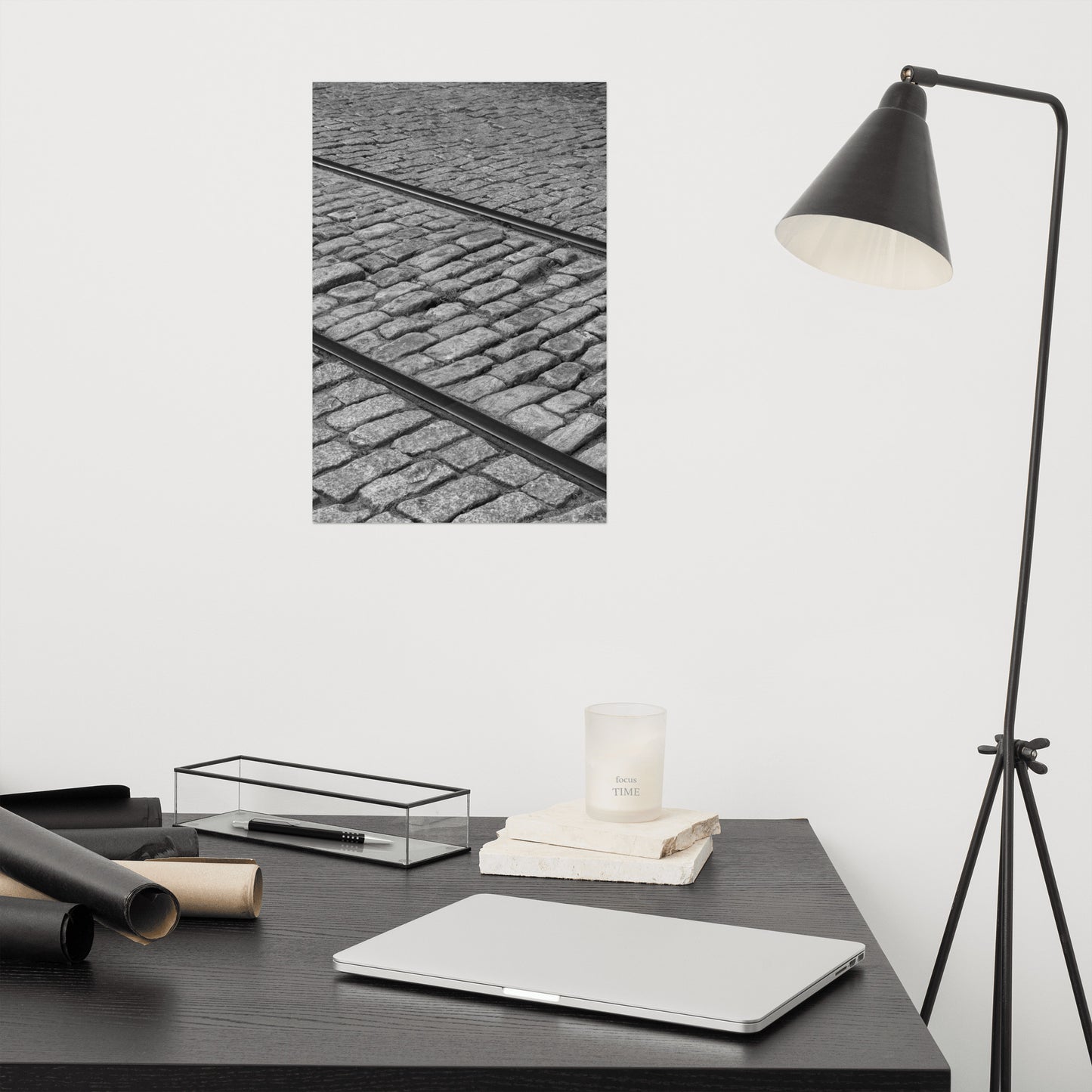 Black and White Train Tracks Cobblestone River Street Savannah Ga Loose Wall Art Print