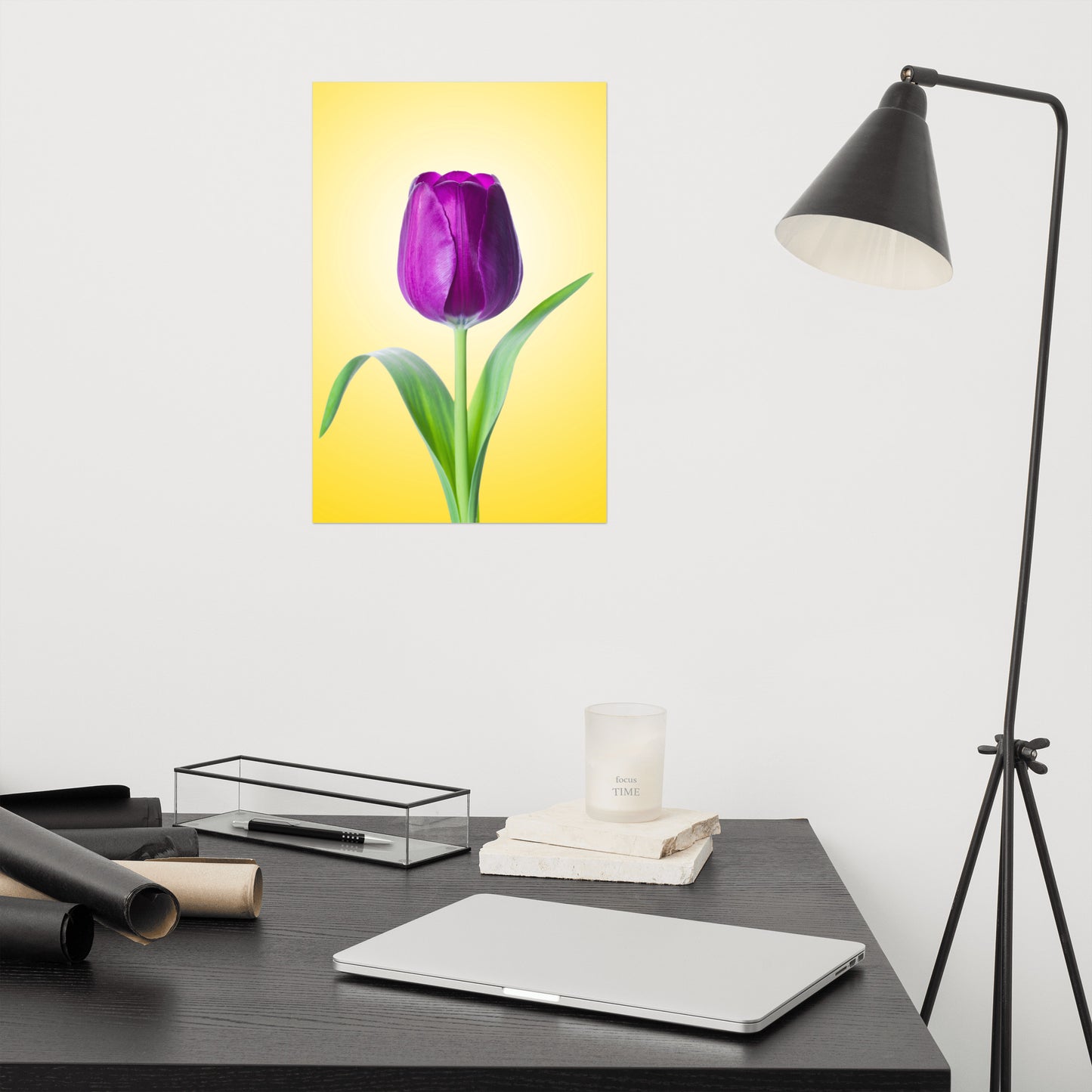 Purple Tulip on Yellow Minimal Floral Nature Photo Loose Wall Art Print