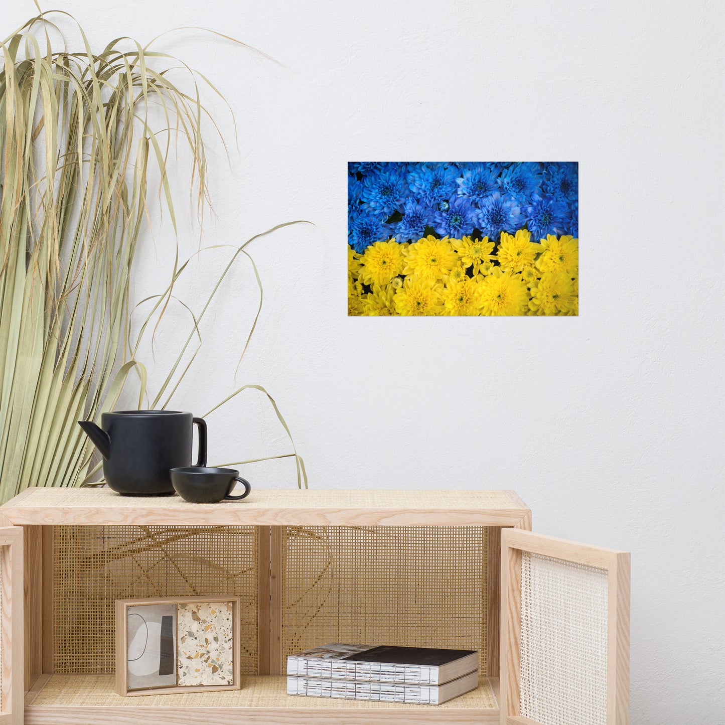 Blue and Yellow Chrysanthemums Nature Photo For Ukraine Refugees Loose Wall Art Print