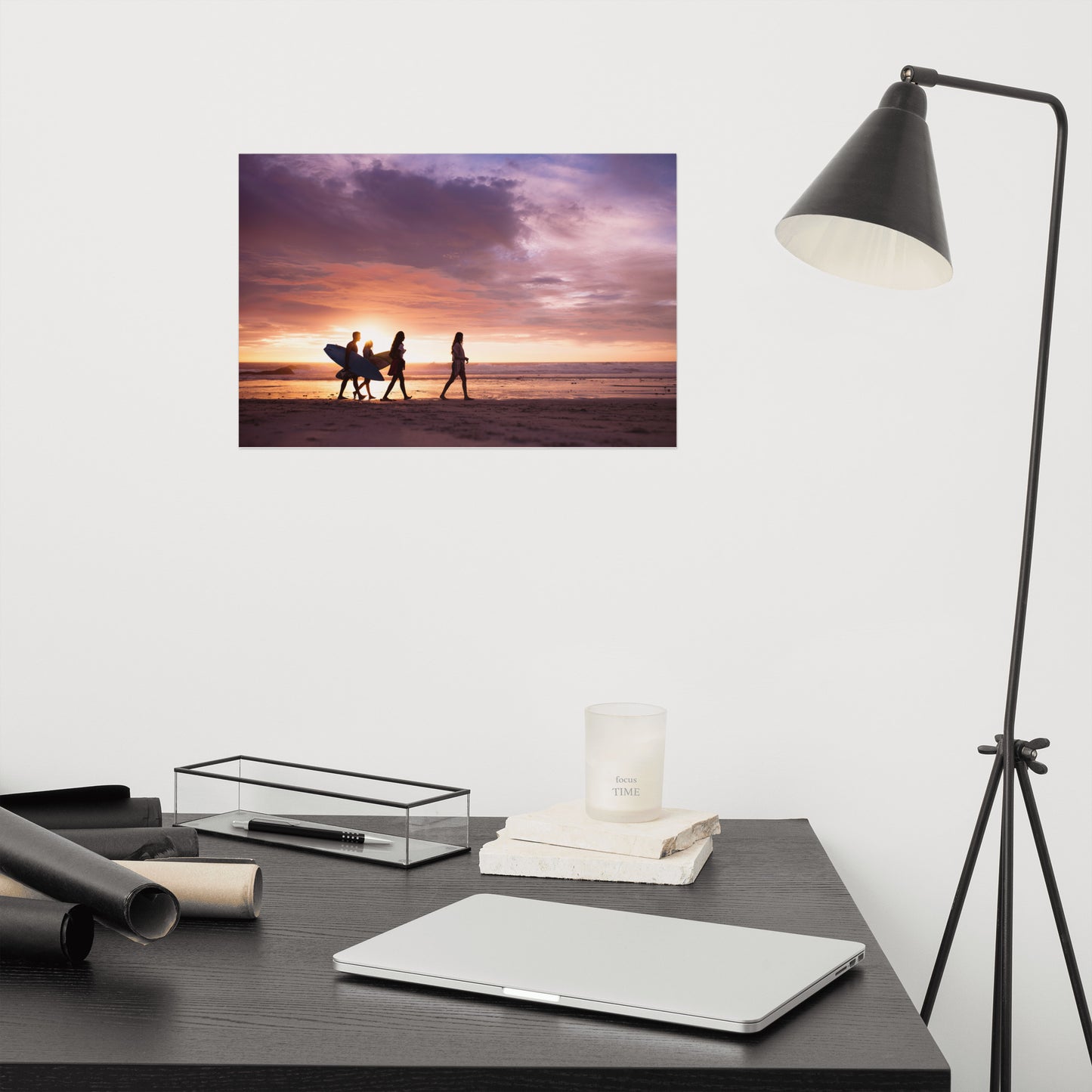 Surfers and Sunset on the Shore Coastal Landscape Lifestyle Photograph Loose Wall Art Print