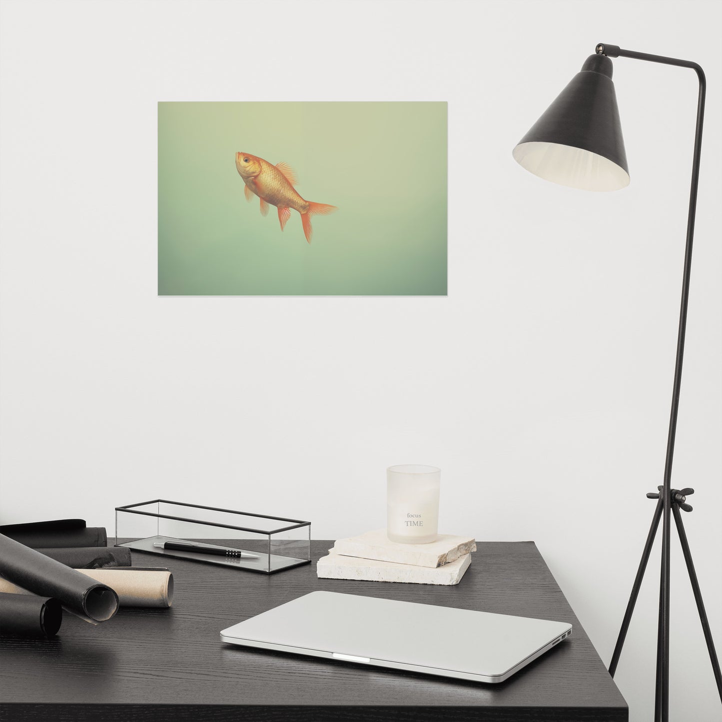 Suspended Serenity Goldfish Minimal Photorealism - Digital Artwork Loose Art Print