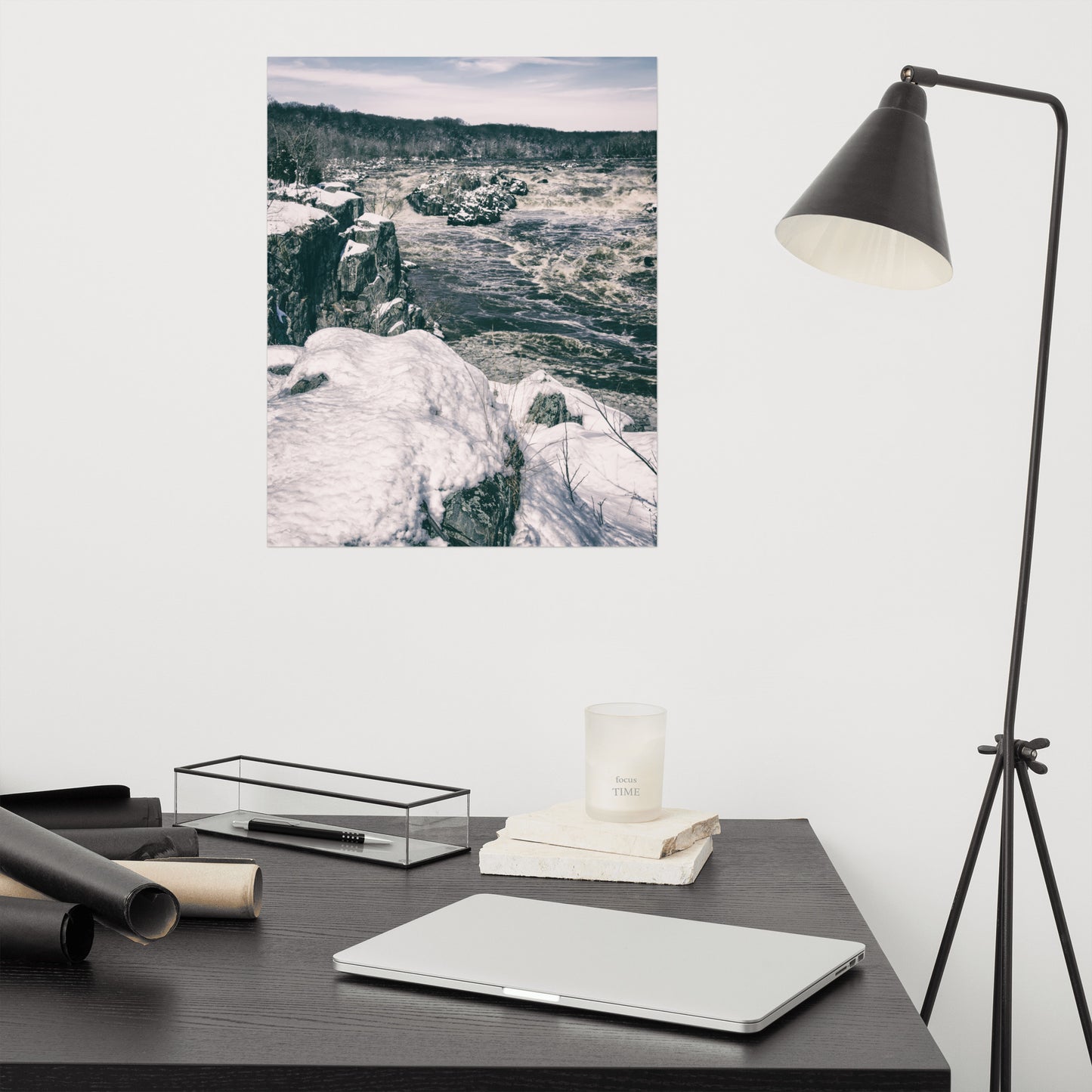 Great Falls Vintage Black and White Rustic Farmhouse Style Landscape Photo Loose Wall Art Print