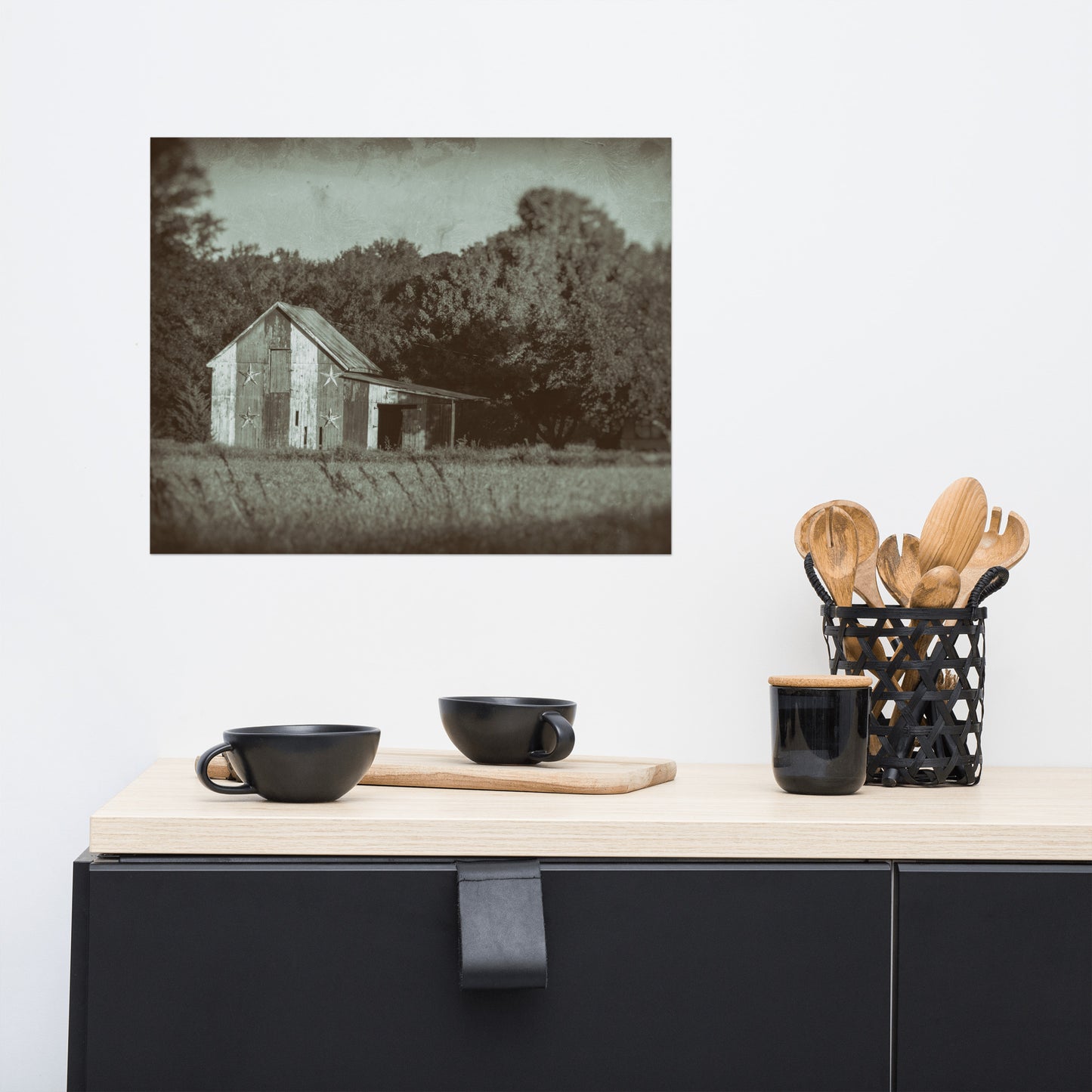 Patriotic Barn in Field Vintage Black and White Rustic Farmhouse Style Landscape Photo Loose Wall Art Prints