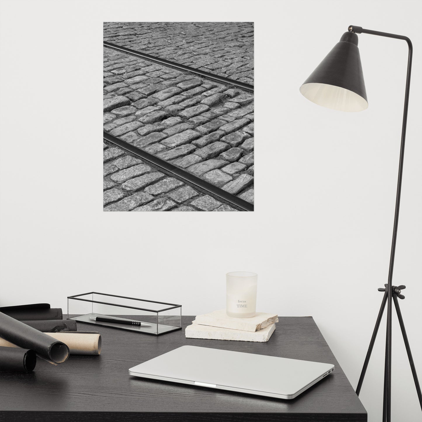 Black and White Train Tracks Cobblestone River Street Savannah Ga Loose Wall Art Print