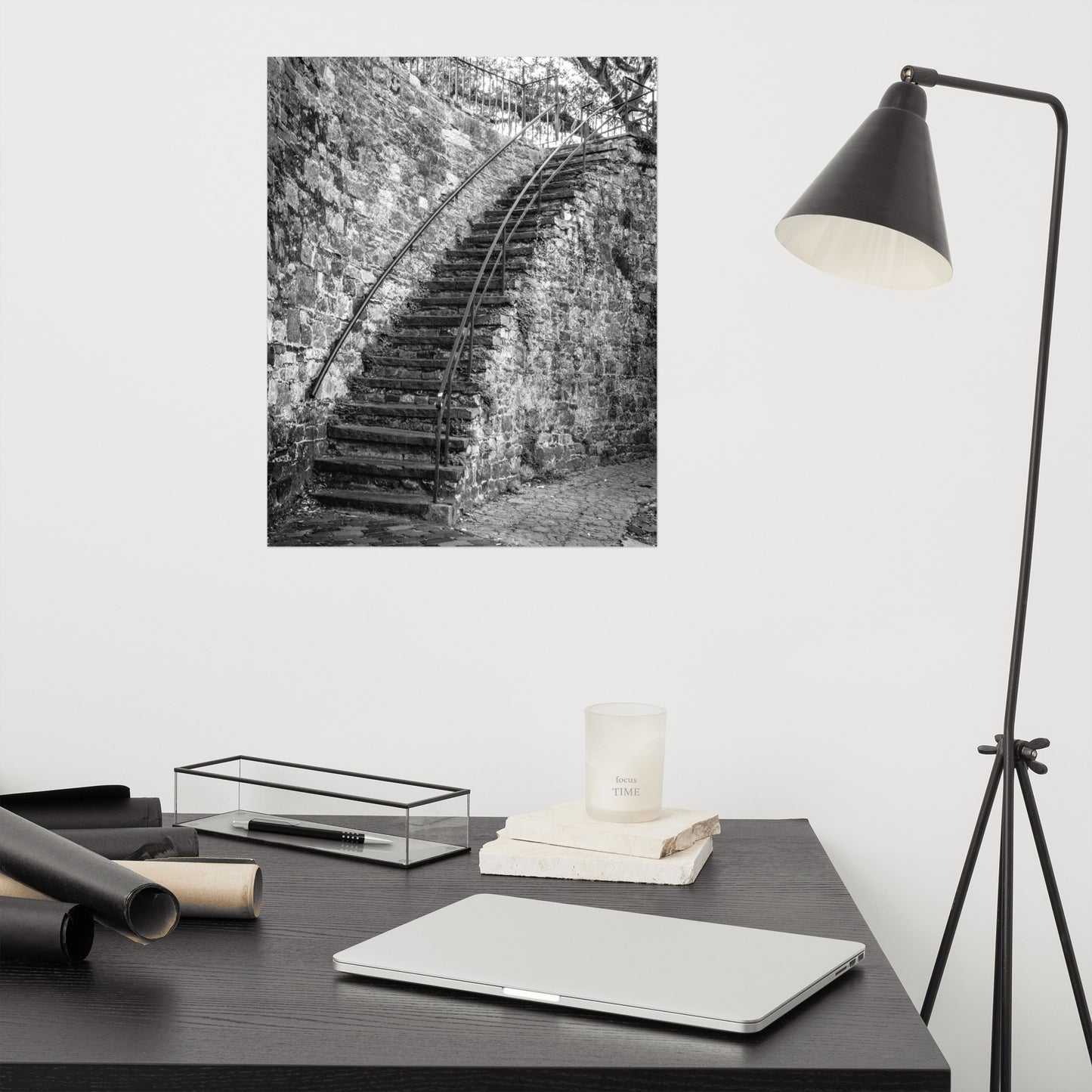 Black and White Old Stone Stairs River Street Savannah Ga Loose Wall Art Print