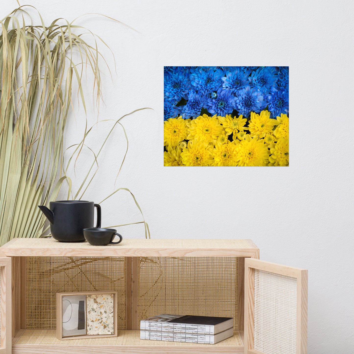 Blue and Yellow Chrysanthemums Nature Photo For Ukraine Refugees Loose Wall Art Print