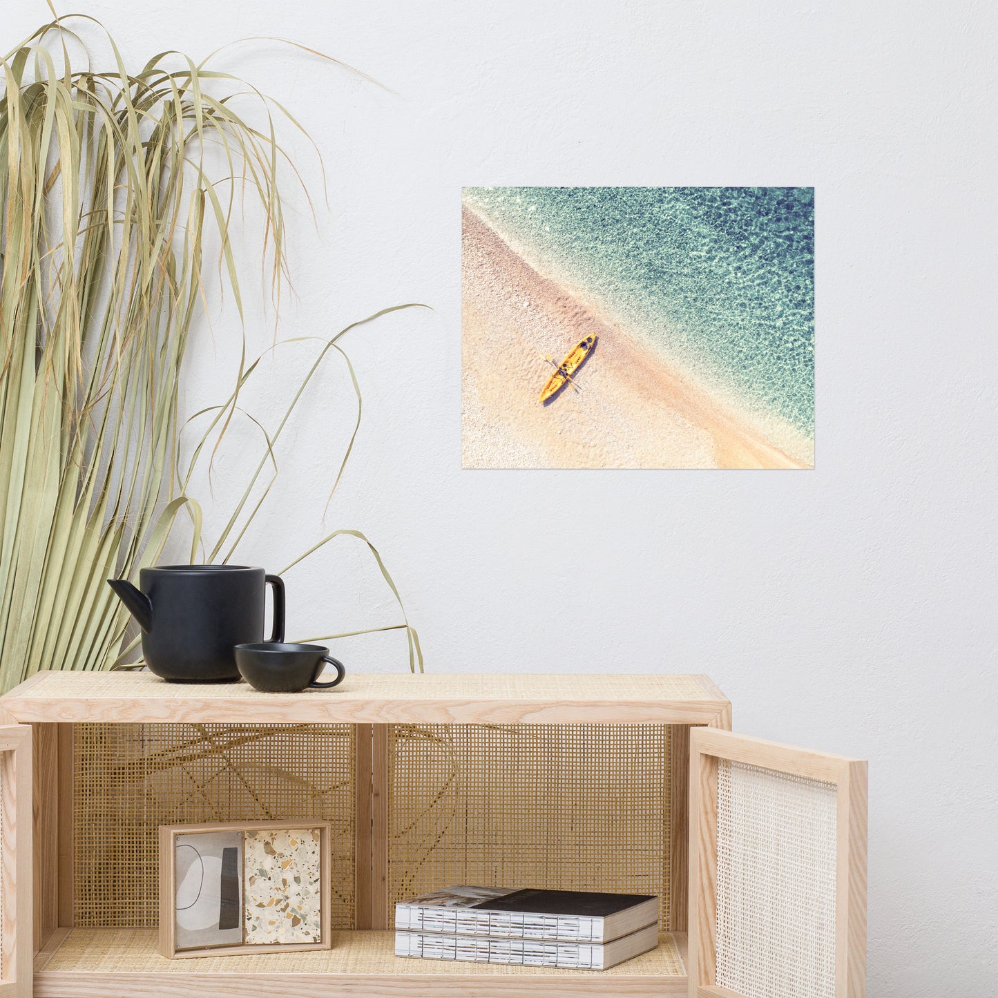 Yellow Canoe and Blue Sea with Soft Violet Effect Landscape Photo Loose Wall Art Prints
