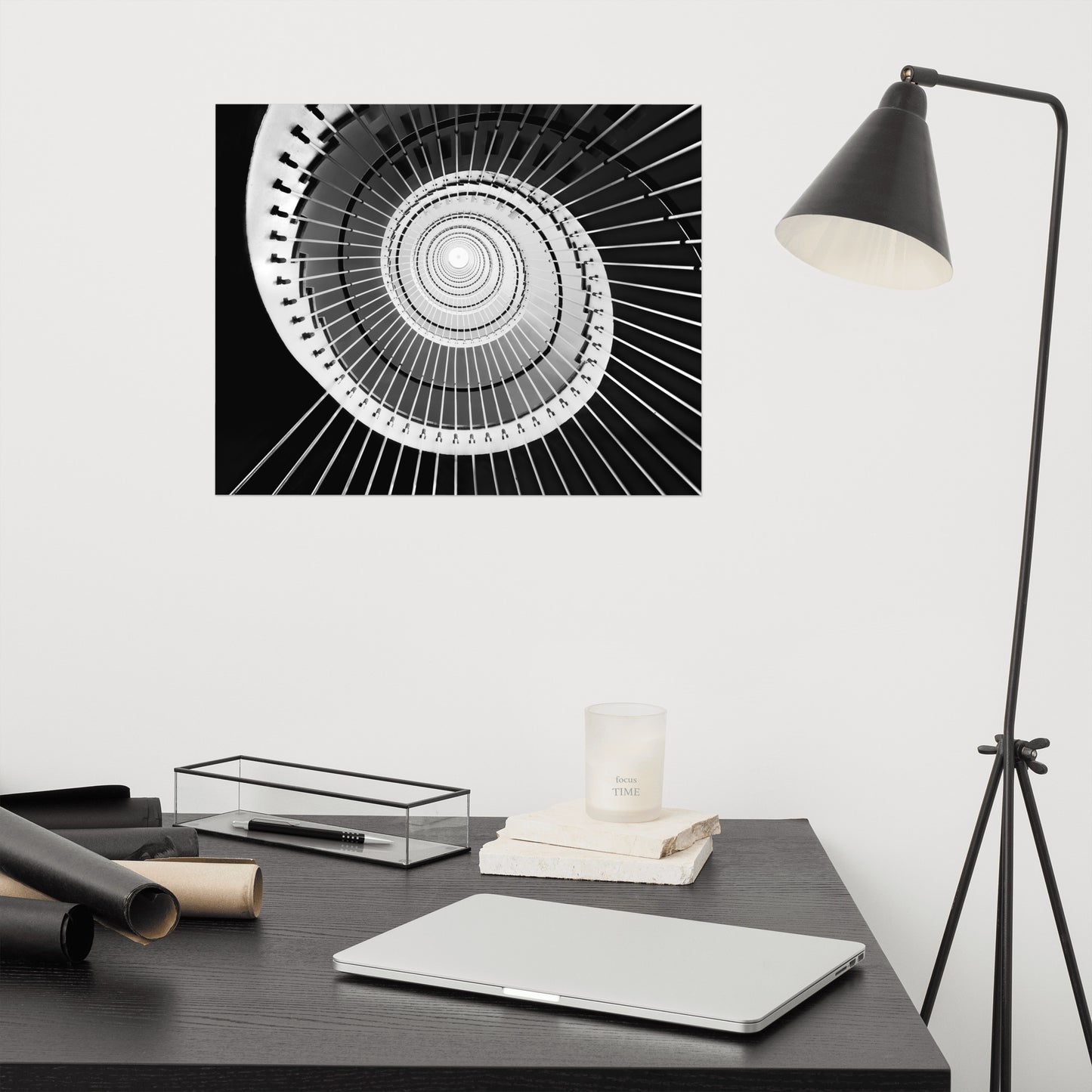 Black and White Architectural Photos: Never Ending Ascent - Equiangular Spiral Staircase Frameable Art Print