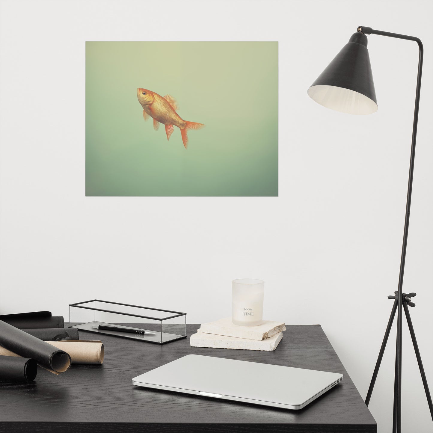 Suspended Serenity Goldfish Minimal Photorealism - Digital Artwork Loose Art Print