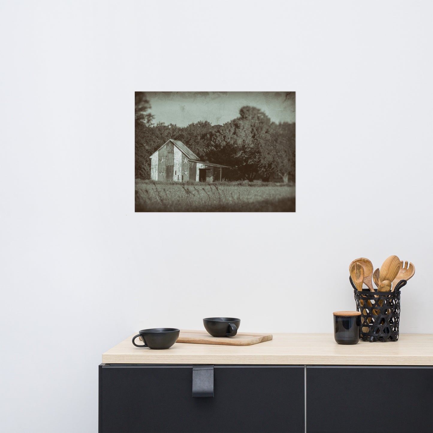 Patriotic Barn in Field Vintage Black and White Rustic Farmhouse Style Landscape Photo Loose Wall Art Prints