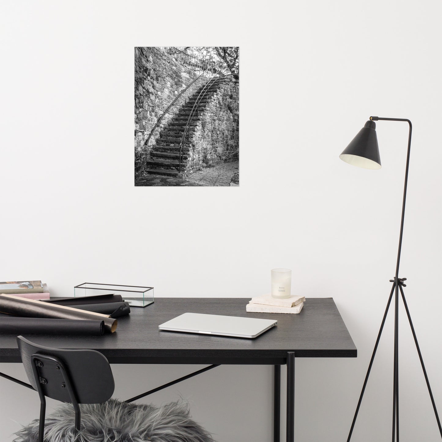 Black and White Old Stone Stairs River Street Savannah Ga Loose Wall Art Print