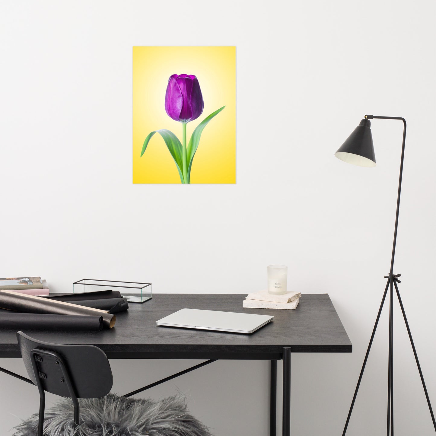 Purple Tulip on Yellow Minimal Floral Nature Photo Loose Wall Art Print