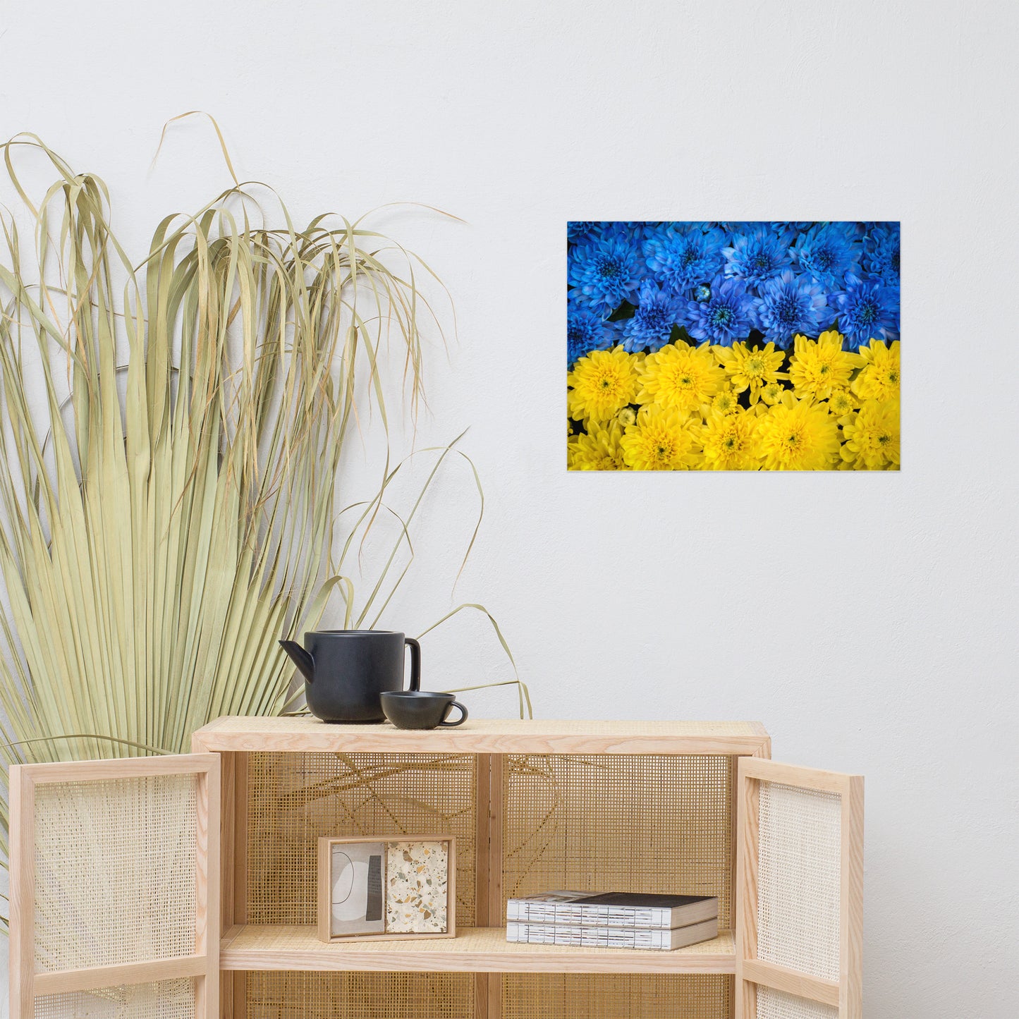 Blue and Yellow Chrysanthemums Nature Photo For Ukraine Refugees Loose Wall Art Print