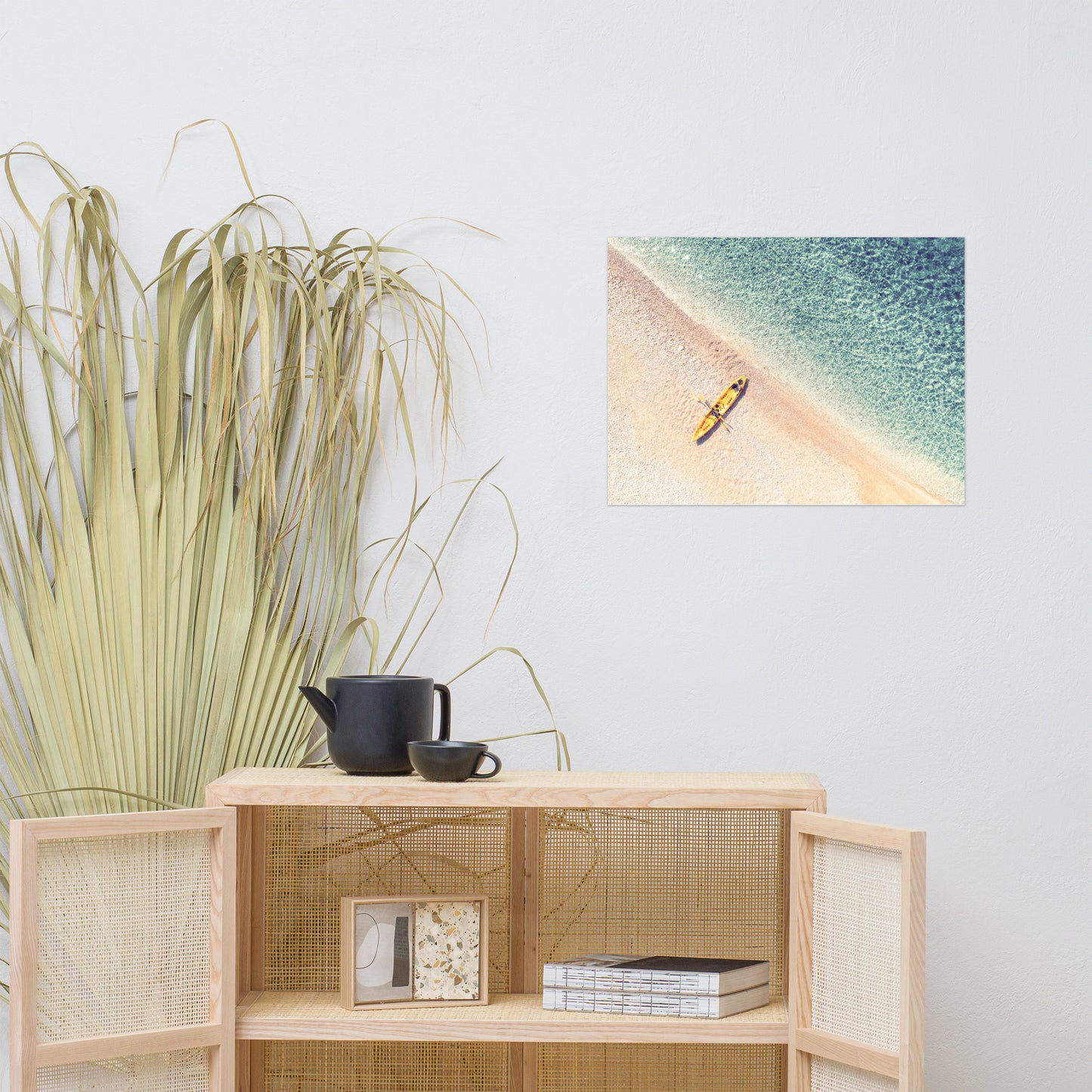 Yellow Canoe and Blue Sea with Soft Violet Effect Landscape Photo Loose Wall Art Prints