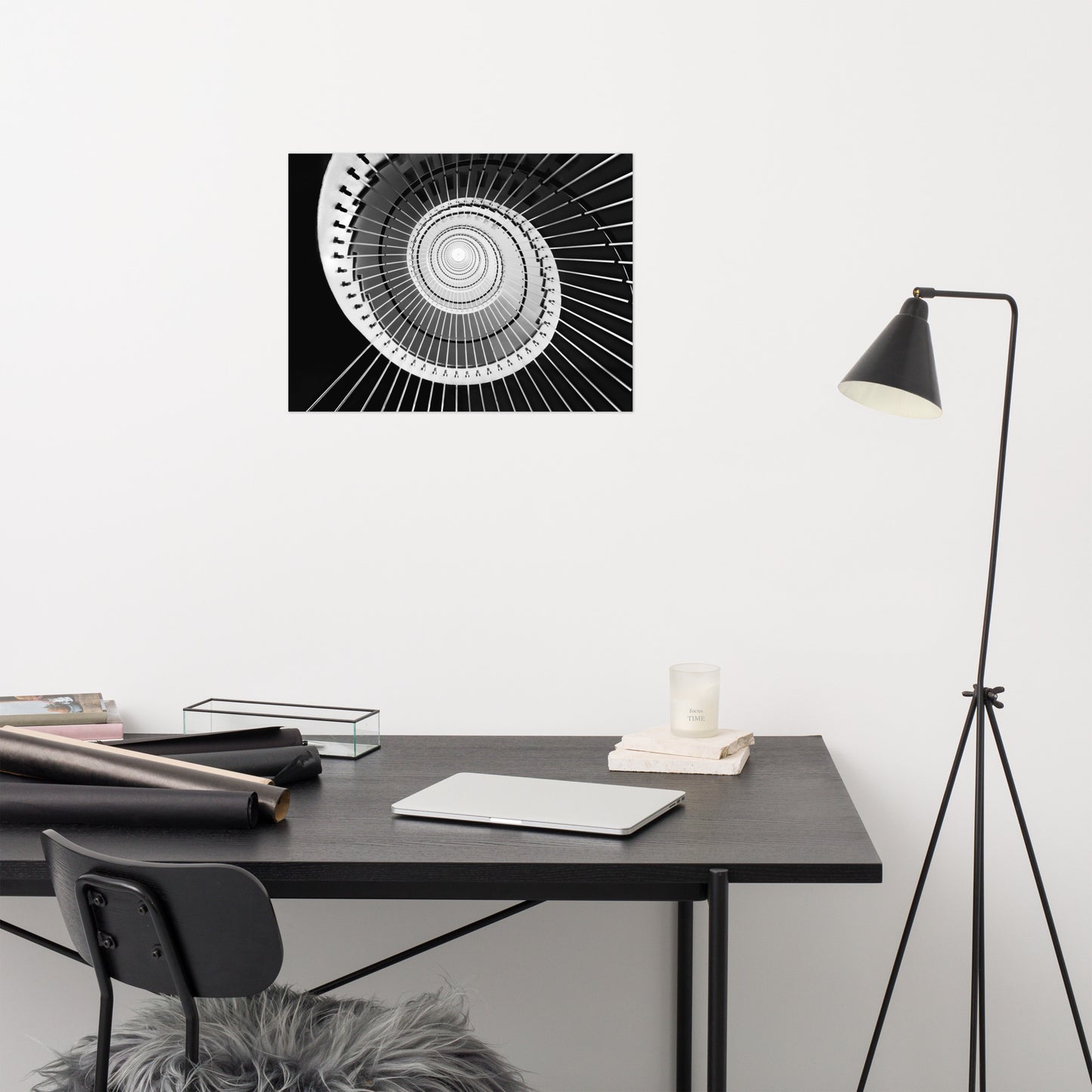 Black and White Architectural Photos: Never Ending Ascent - Equiangular Spiral Staircase Frameable Art Print