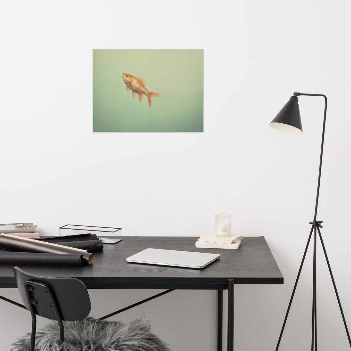 Suspended Serenity Goldfish Minimal Photorealism - Digital Artwork Loose Art Print